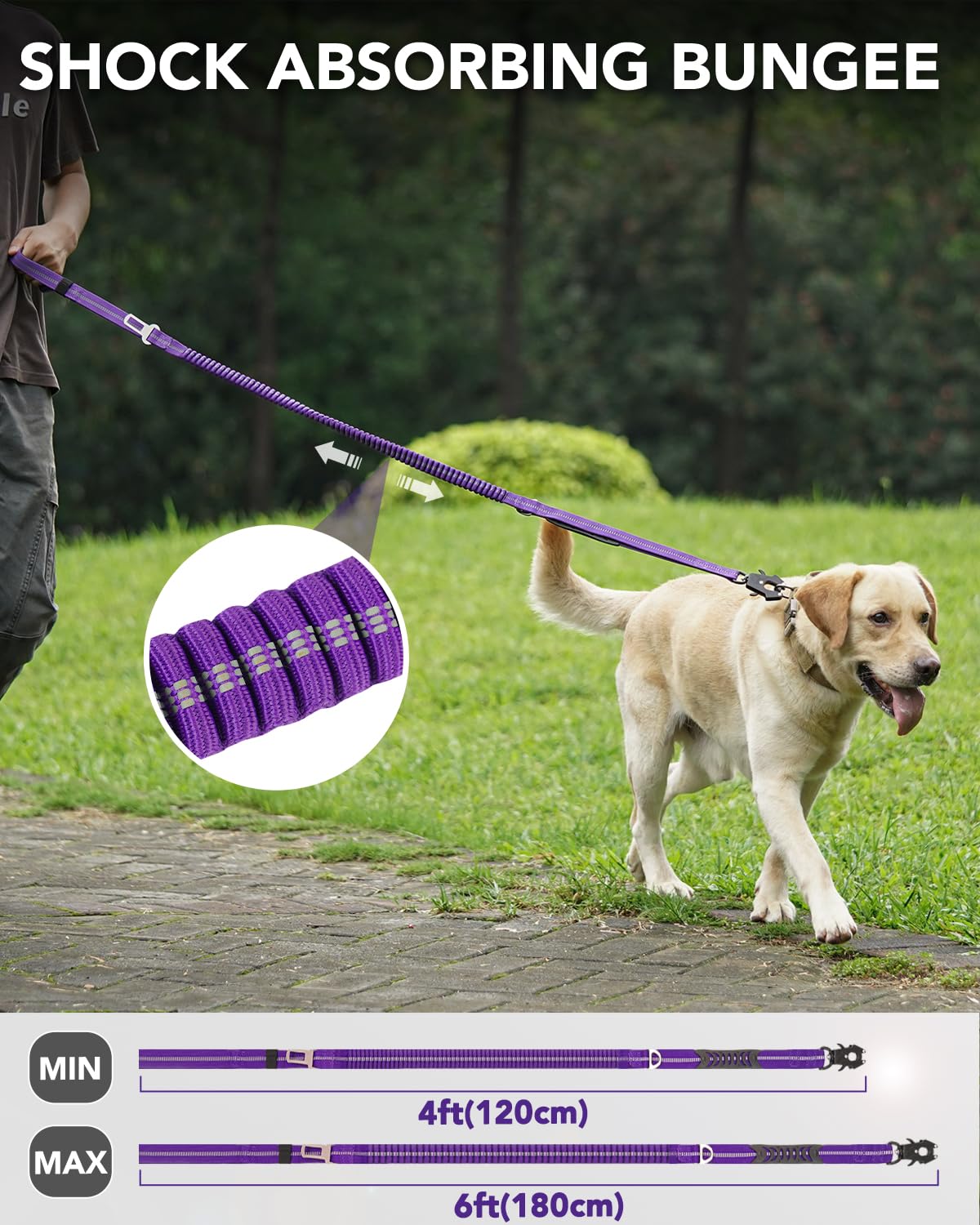Joytale Tactical Dog Lead Heavy Duty, 1.2-1.8m Shock Absorbing Bungee leash with 2 Handle, Metal Carabiner Clip, Car Seatbelt - Image 3