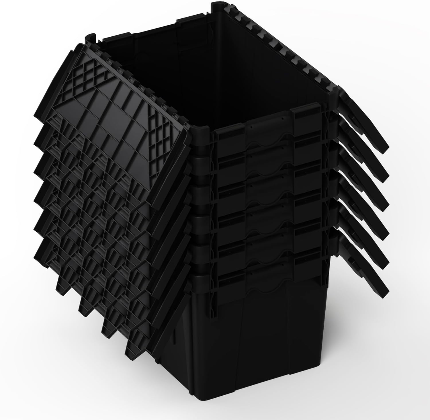 6 Pack Black Attached Lid Tote Box 22 x 16 x 13 Inch, Heavy Duty Stackable Plastic Storage Container with Hinged Lids, Durable Nestable Bin for Industrial, Tools, Garage, Warehouse and Logistics Use