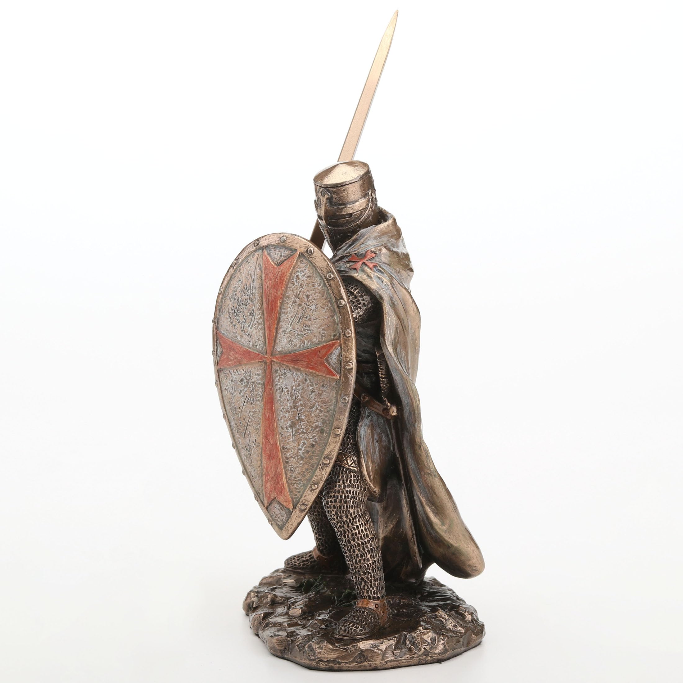 Veronese Design Espada y escudo de caballeros templarios de 7 7/8 pulgadas, escultura con acabado de bronce de resina fundida en frío