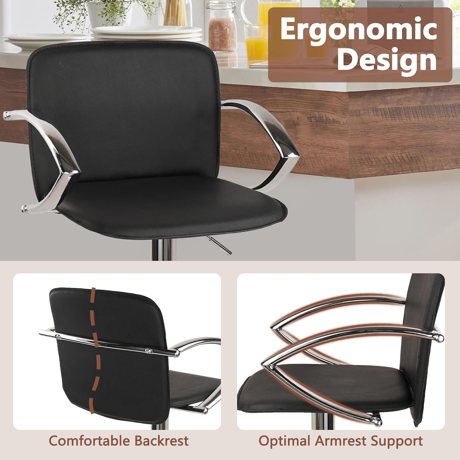 KLASIKA Bar Stool Set of 2 Adjustable Height Counter Stools Bar Chairs with Armrests, Ergonomic Backrest and Footrest, 360 Degree Swivel Seat, Leather Barstools for Kitchen, Dining Room, Black