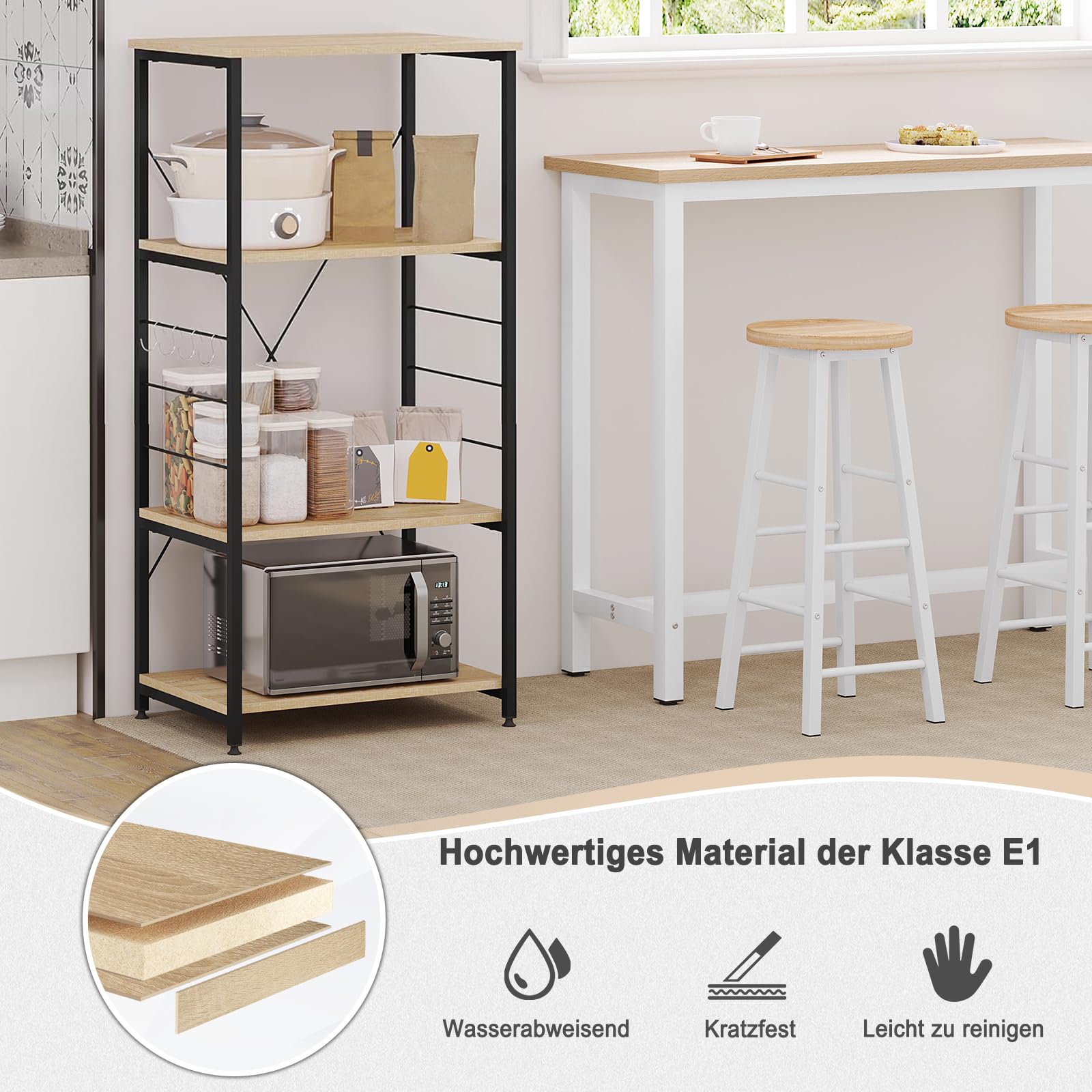 WOLTU Küchenregal Standregal Mikrowellenhalter, Bäcker Regal, Metallregal aus Holz und Stahl, mit 4 Ablagen, ca. 60 x 124 x 40 cm, Hell Eiche + Schwarz