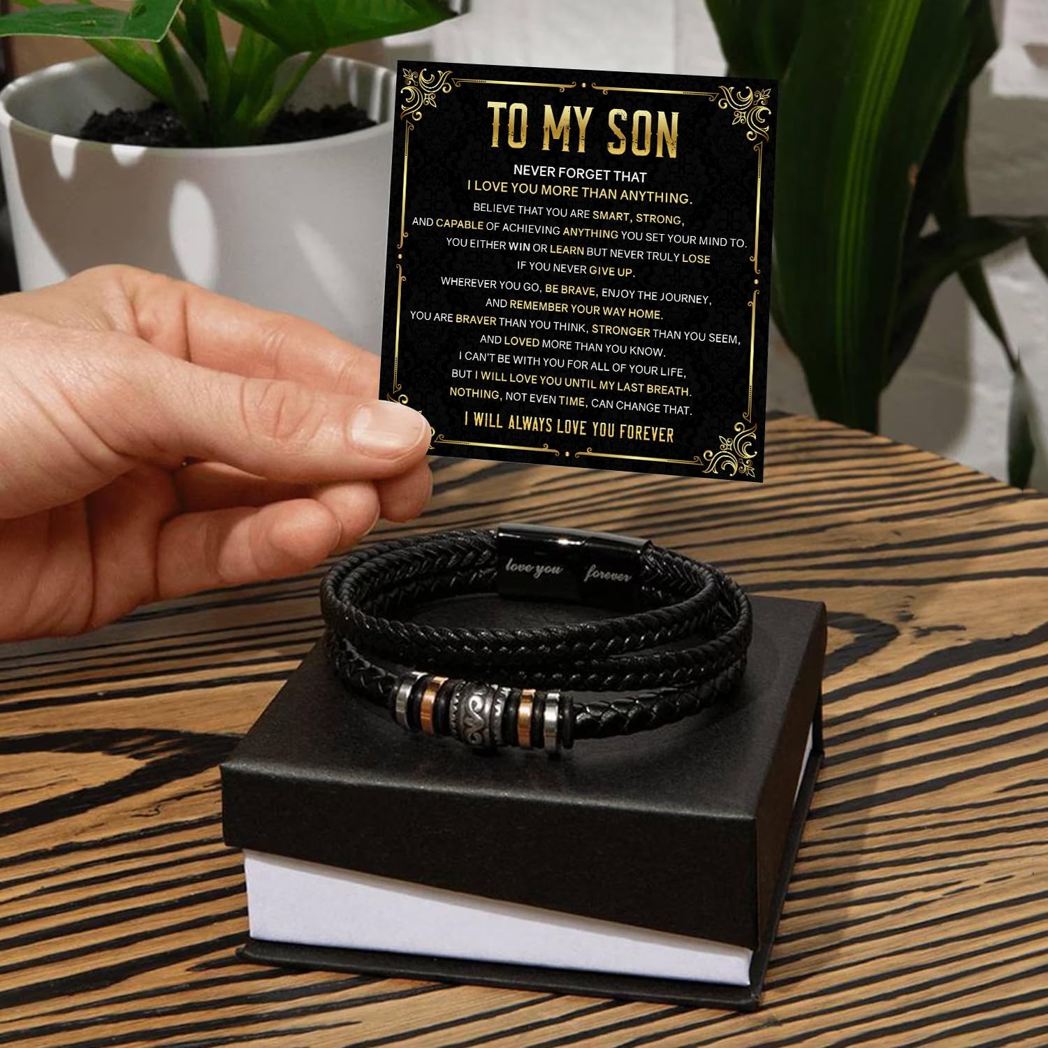 To My Son Bracelet – Love You Forever Braided Leather Bracelet from Father and Mother, Meaningful Men’s Gift with Heartfelt Message & Elegant Box for Birthday, Graduation, Christmas - Image 5