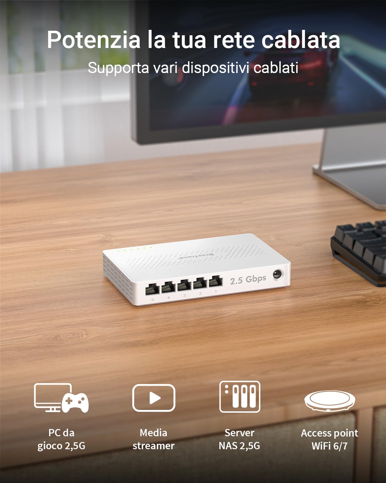 BrosTrend 2,5Gb Switch Ethernet 5 Porte, Unmanaged, Garanzia a Vita | Switch Ethernet 2.5 Gigabit, Sdoppiatore 2,5G Hub, Plug e Play, Senza Ventola, Ideale per Casa/Rete Soho, Desktop O A Parete