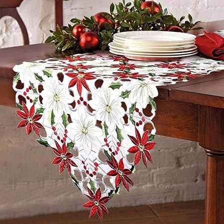 oiry Christmas Decoration Polyester Embroidered Poinsettia Holly Leaf Table Runner