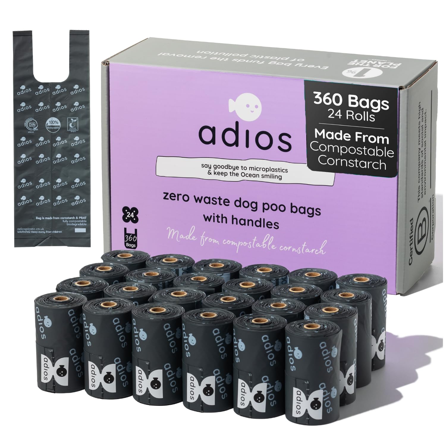 Adios Plastic - Sacs à déjections canines compostables avec poignées, 360 pièces (24 rouleaux) – Gris – Sacs à déjections canines extra épais, étanches, anti-odeurs – Fabriqués à partir d'amidon de