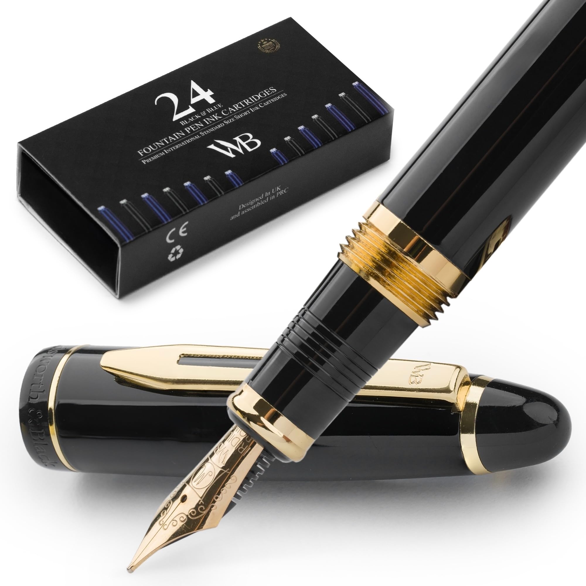 Wordsworth & Black Stylo plume Majesti (Or Noir), étui de luxe, finition chromée, 24 cartouches d'encre Iridium pointe moyenne, kit-cadeau Stylo plume rechargeable pour hommes et femmes
