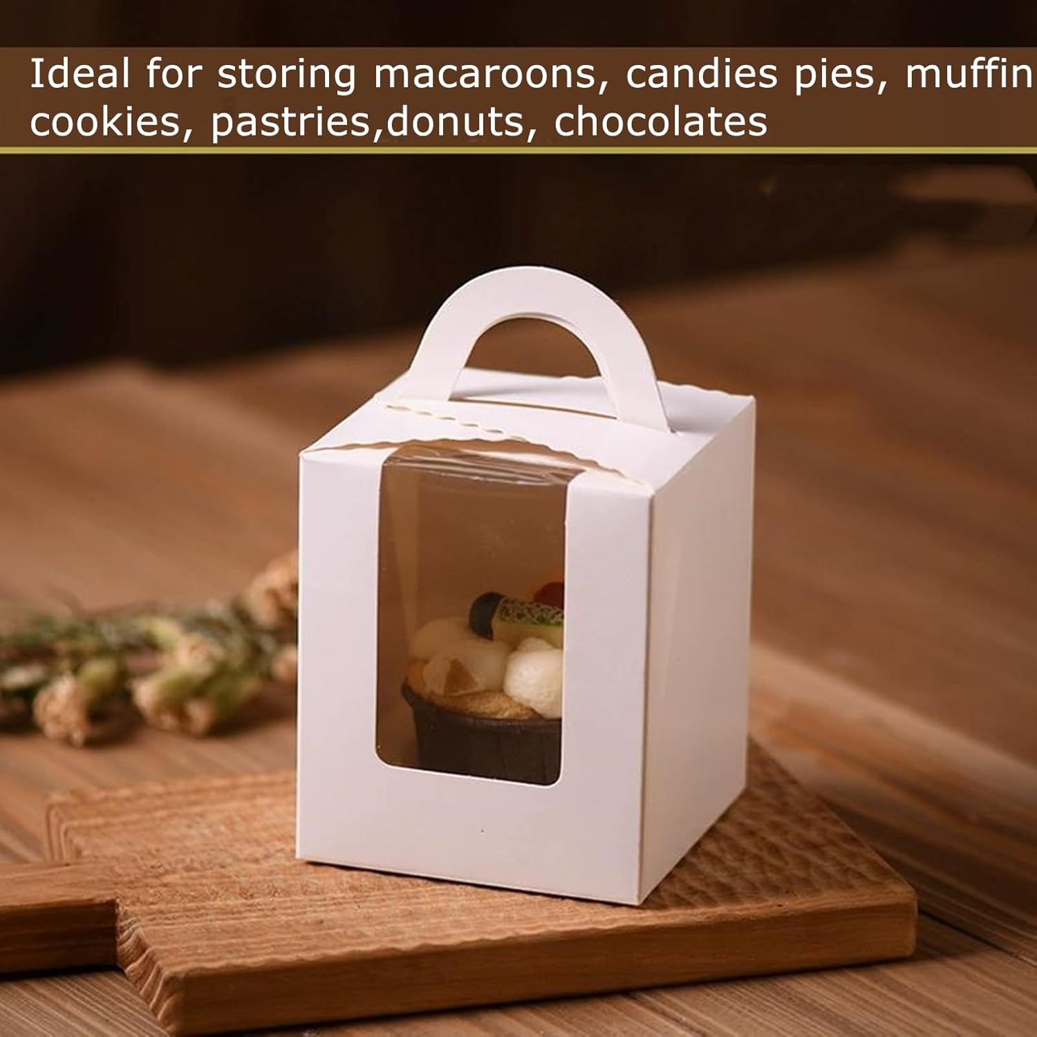 100 Pack Single Cupcake Boxes with Window, White Individual Cupcake Containers with Handle, 3.7x3.7x4.5 Inch Kraft Paper Favor Bakery Container for Small Cake, Muffins, Birthday, Wedding