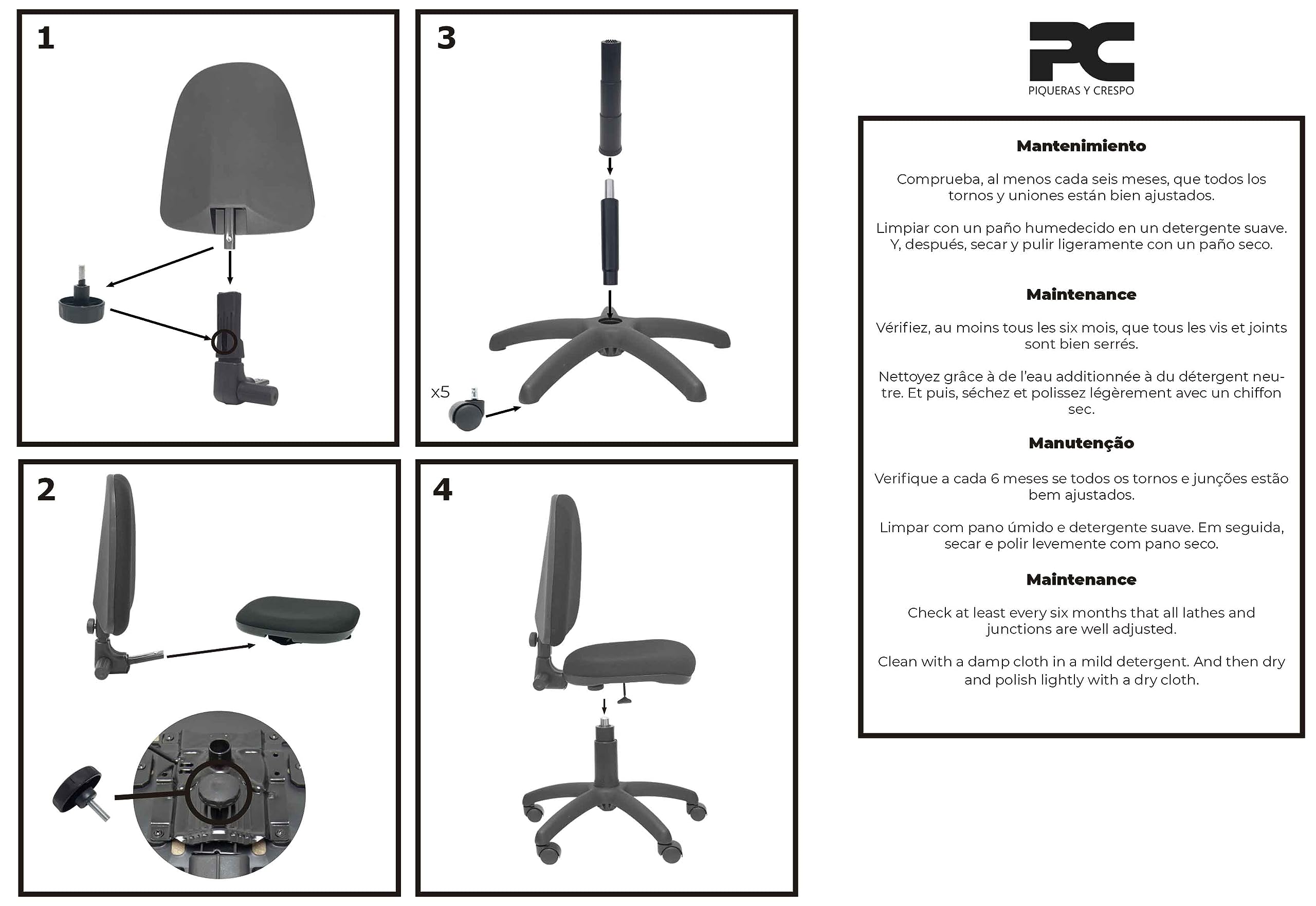 Piqueras y Crespo 04CP - Silla de Oficina ergonómica, Asiento y Respaldo tapizados en Tejido Bali, Color Negro