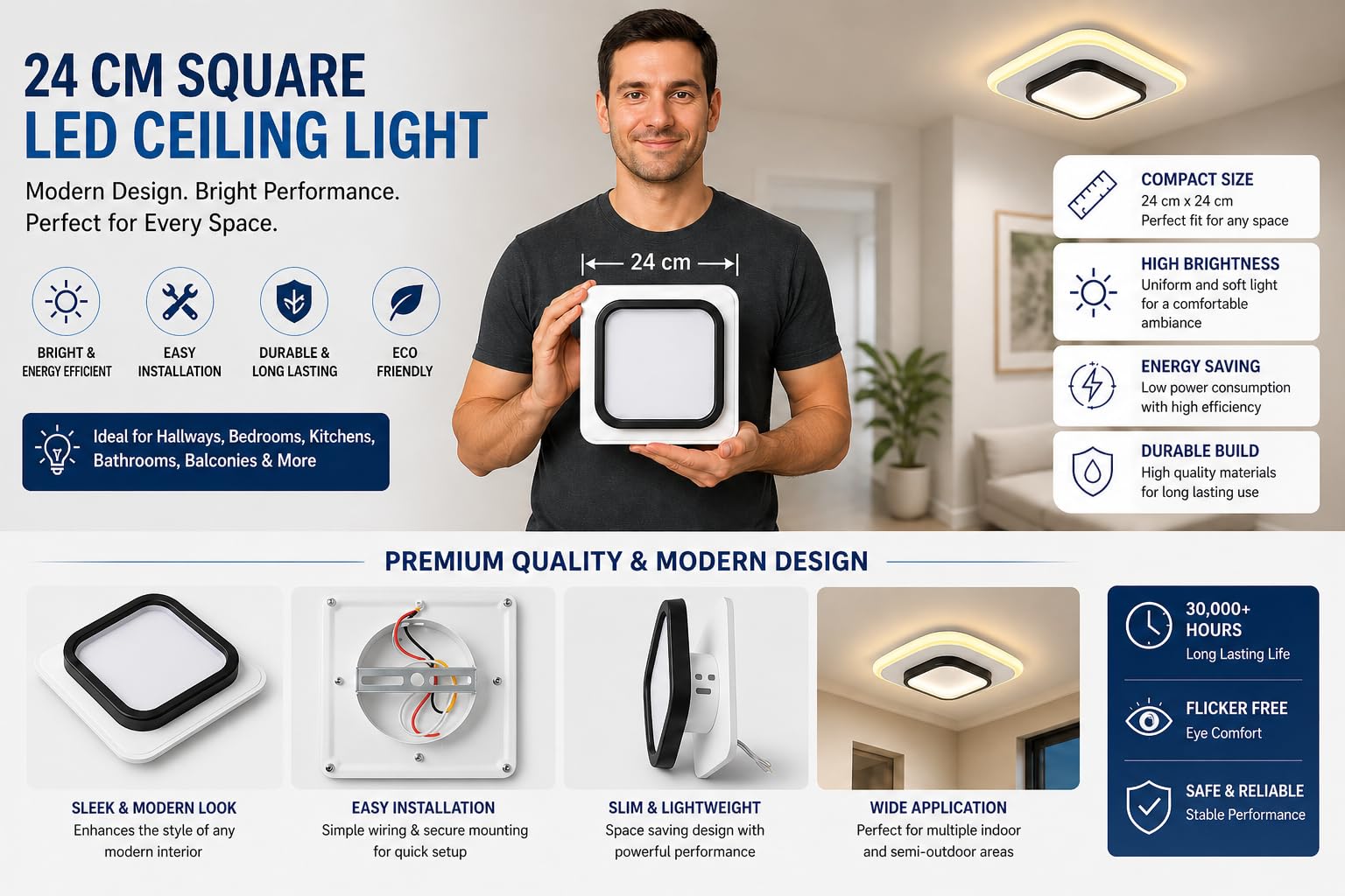Square LED Ceiling Light - Color Changing, 3 CCT -4 Square LED Ceiling Light - Color Changing, 3 CCT -4