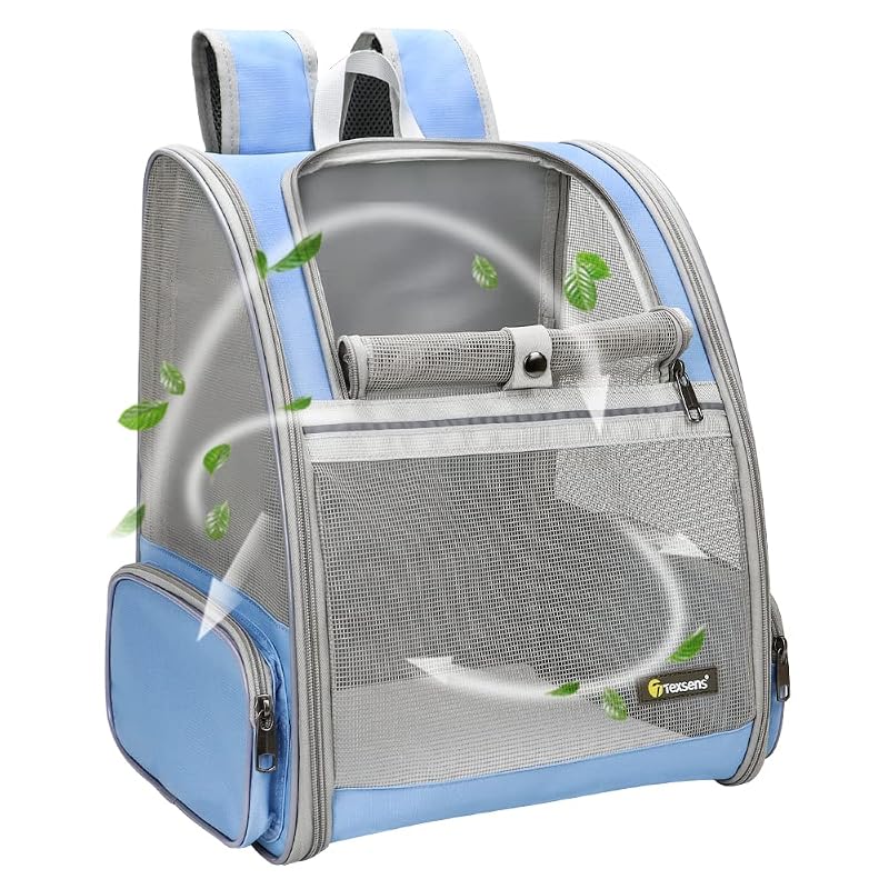 Mochila de Transporte para Cães e Gatos Texsens com Tela de PVC e Almofada Lavável Azul