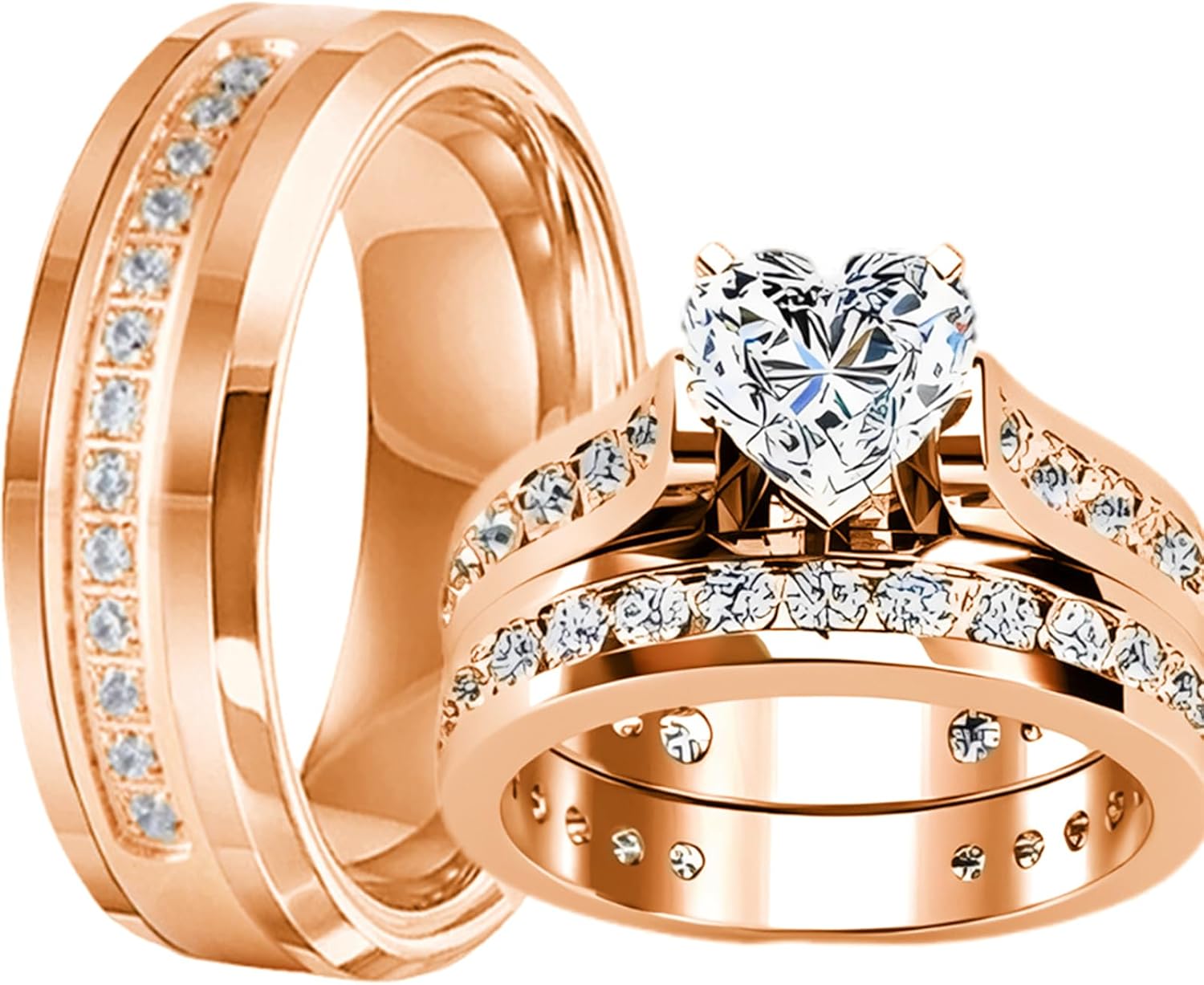 Real 10K 14K 18K Gold Couple Ring Set, 3PCS Heart-shaped Moissanite Couple Ring Sets for Men and Women, Matching Wedding Band Promise Rings for His and Her