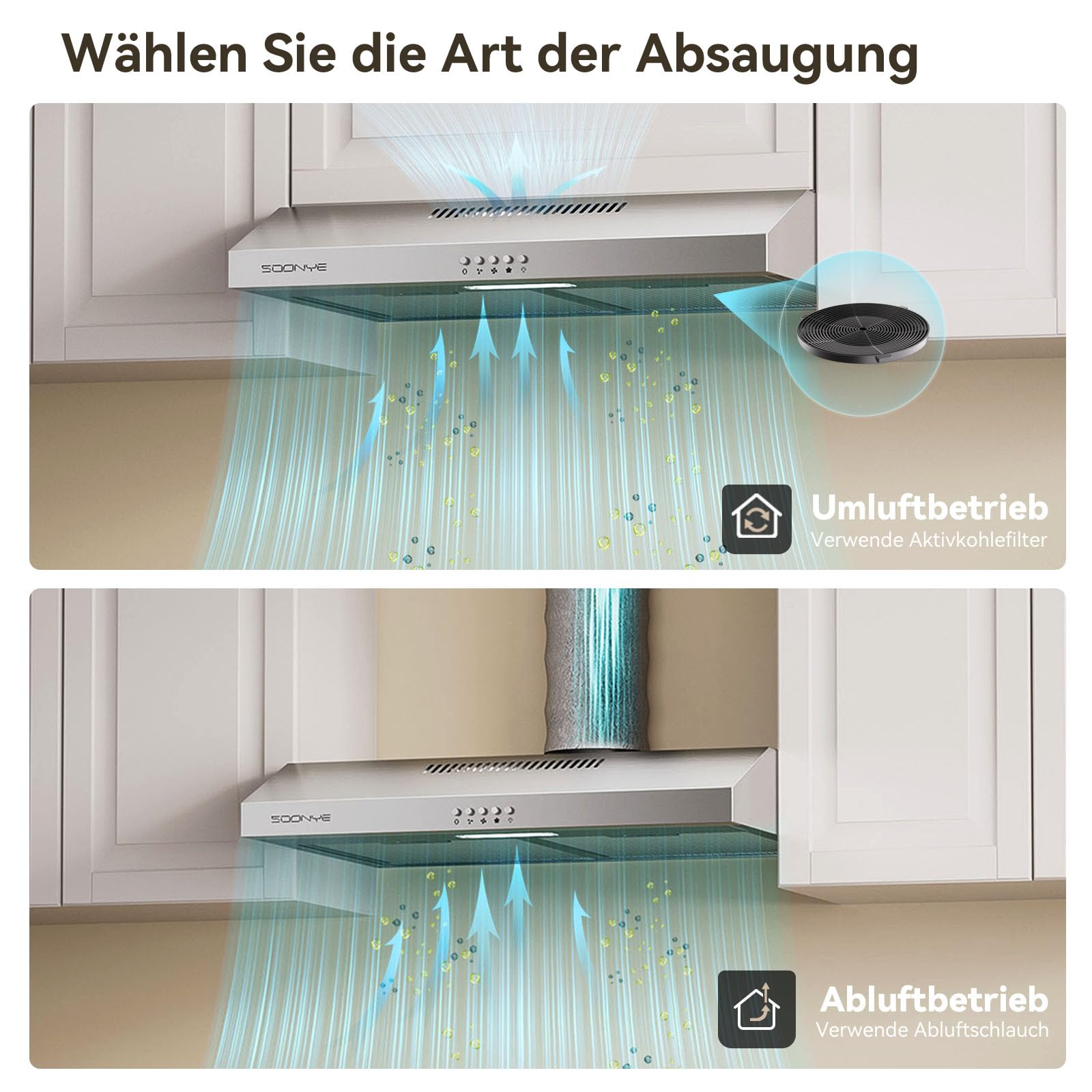 A+++ Dunstabzugshaube 60cm Unterbau Umlufthaube mit Kohlefilter 3 Leistungsstufen Edelstahl Silber