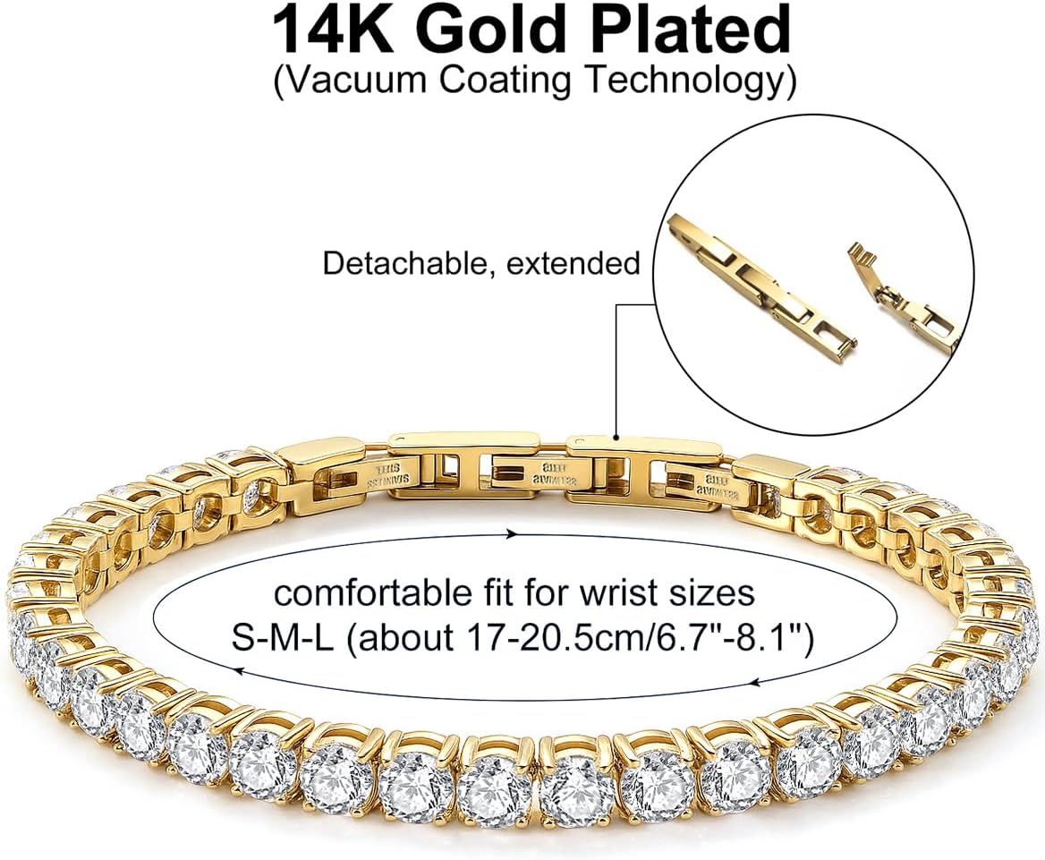 Tennis Bracelet for Women Men, 14K Gold Plated Round 3mm/4mm/5mm AAAA+ Cubic Zirconia CZ Dainty Classic Adjustable Stainless Steel Bracelets Festival Wedding Jewelry Gift