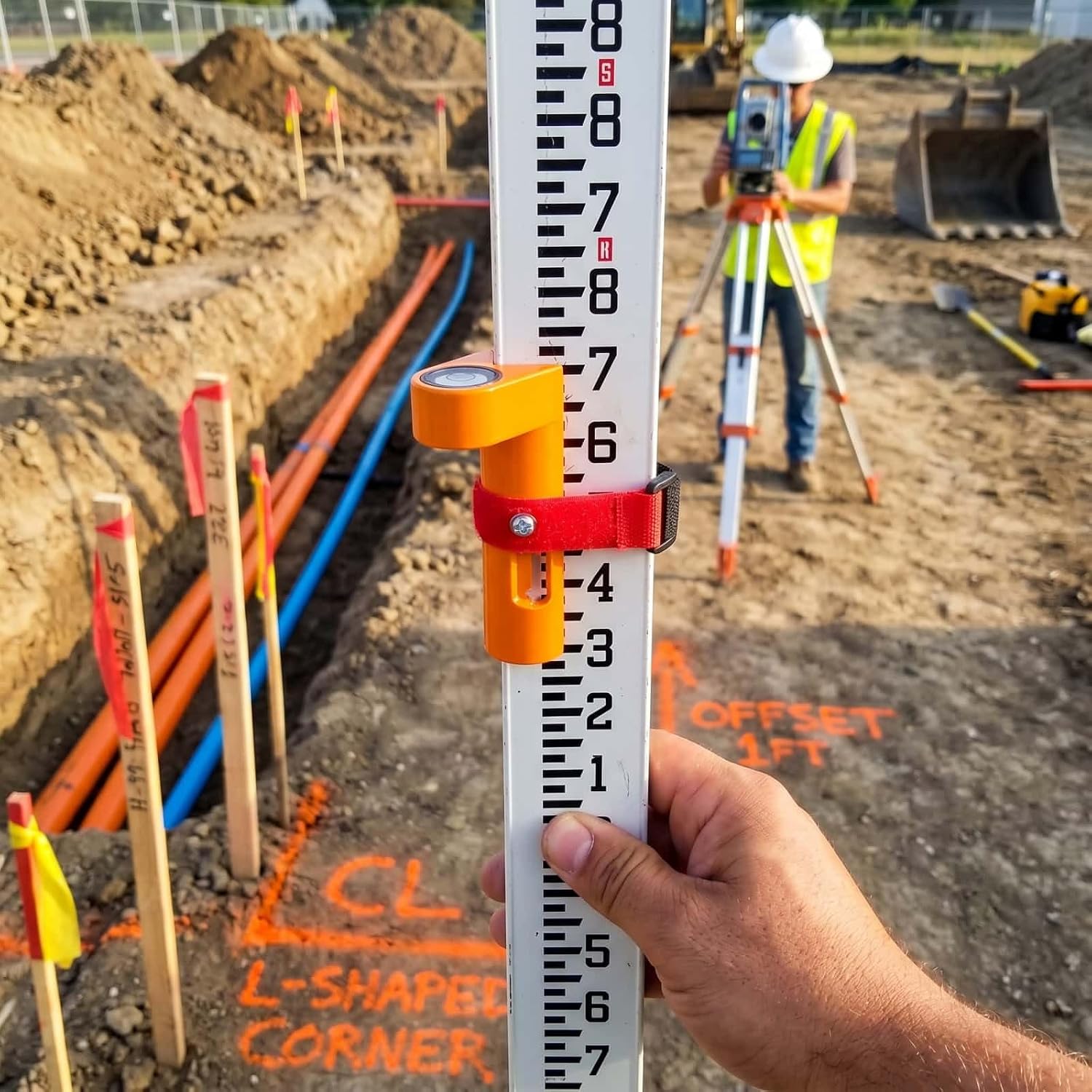 Post Level for Grade Rod, Fence Post and Grade Stick, Surveying Equipment | Bubble Vial Crick Level with Adjustable Strap, Orange Portable Measuring Instrument Special Horizontal for Tower Ruler