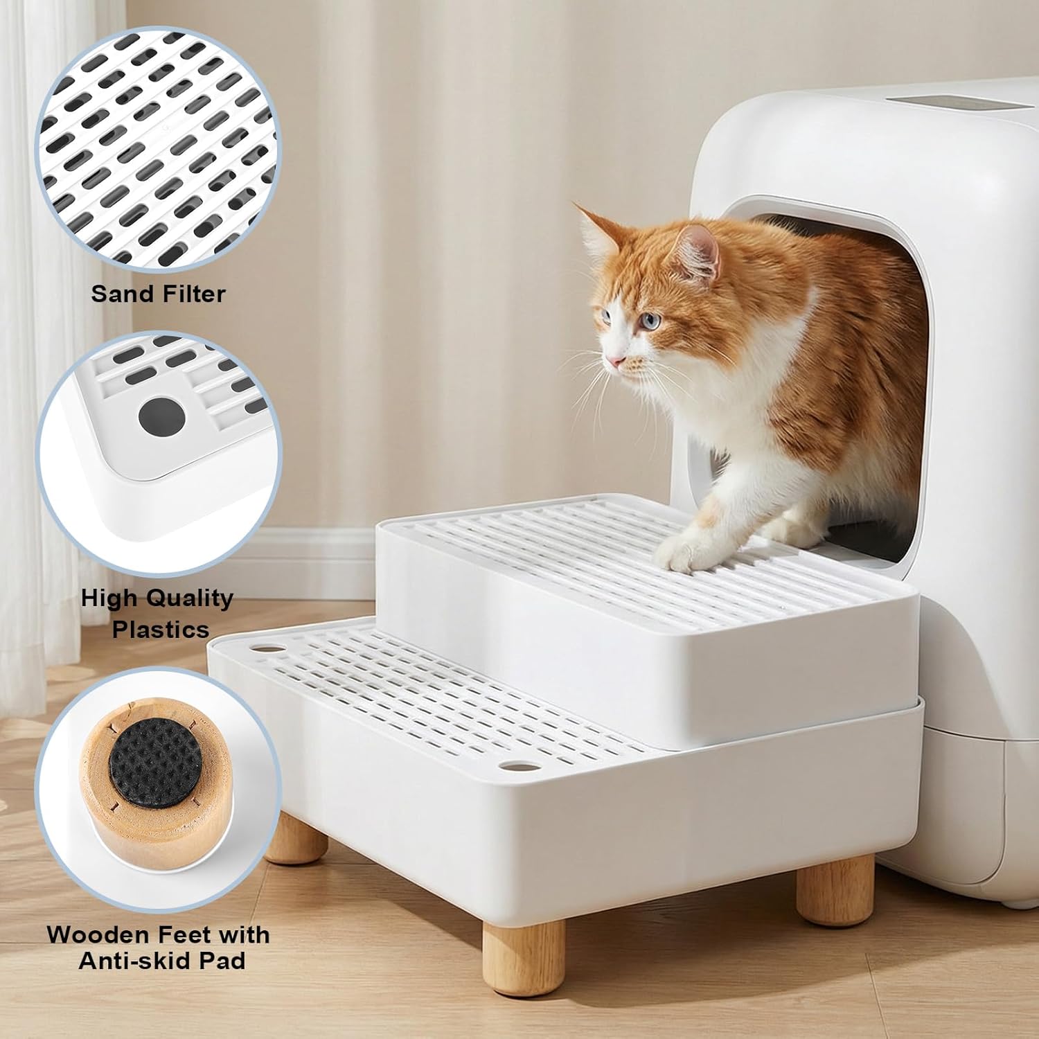 Adjustable 2 Steps Litter Box Ramp, Cat Litter Catcher Mat with Wooden Feet, Filter Function, Litter Box Step for Small & Elderly Cats, Fits Automatic Litter Boxes (White)