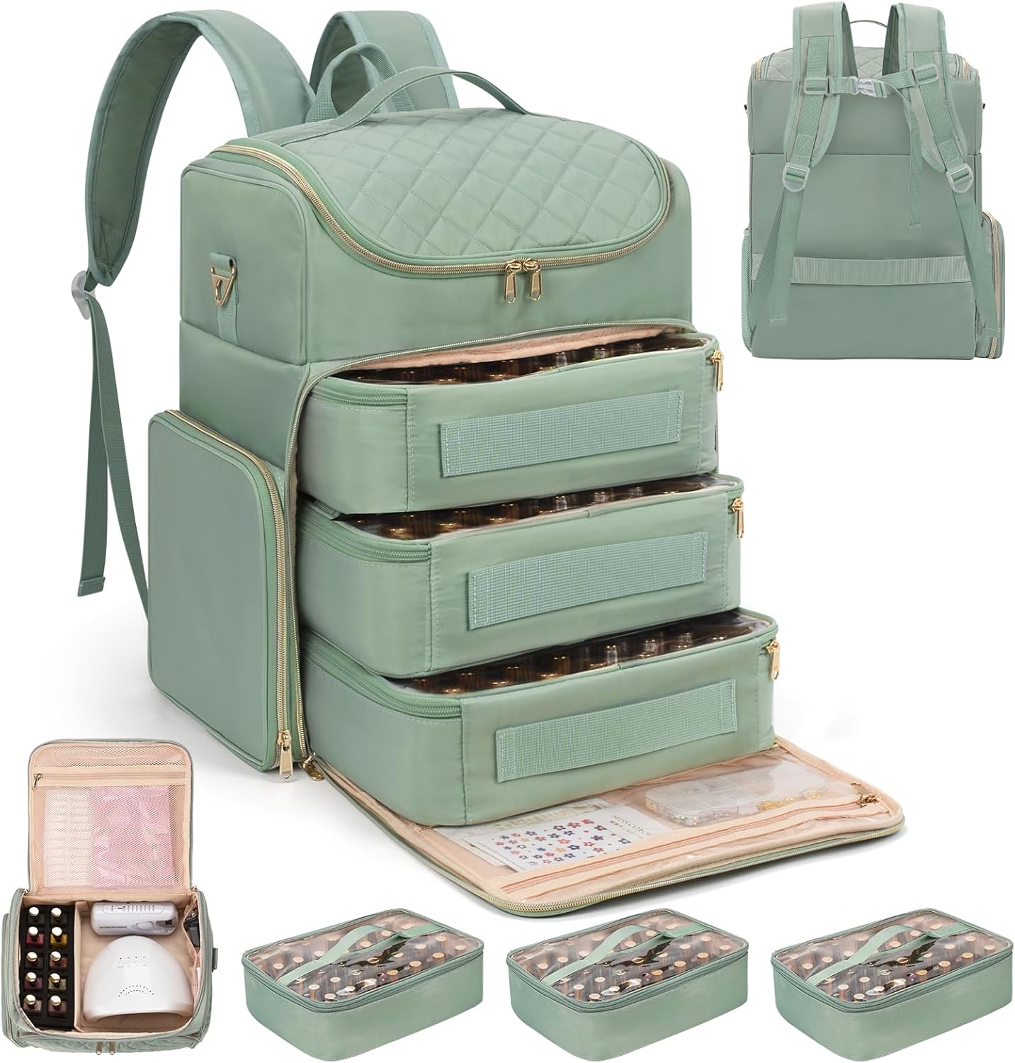 Extra Large Nail Polish Organizer Backpack, Holds 124+ Bottles & Full Size Lamp, Travel Nail Organizers and Storage Bag with 3 Removable Pouches, Portable Nail Supplies Case (Rhombus Green, 124 Slots)