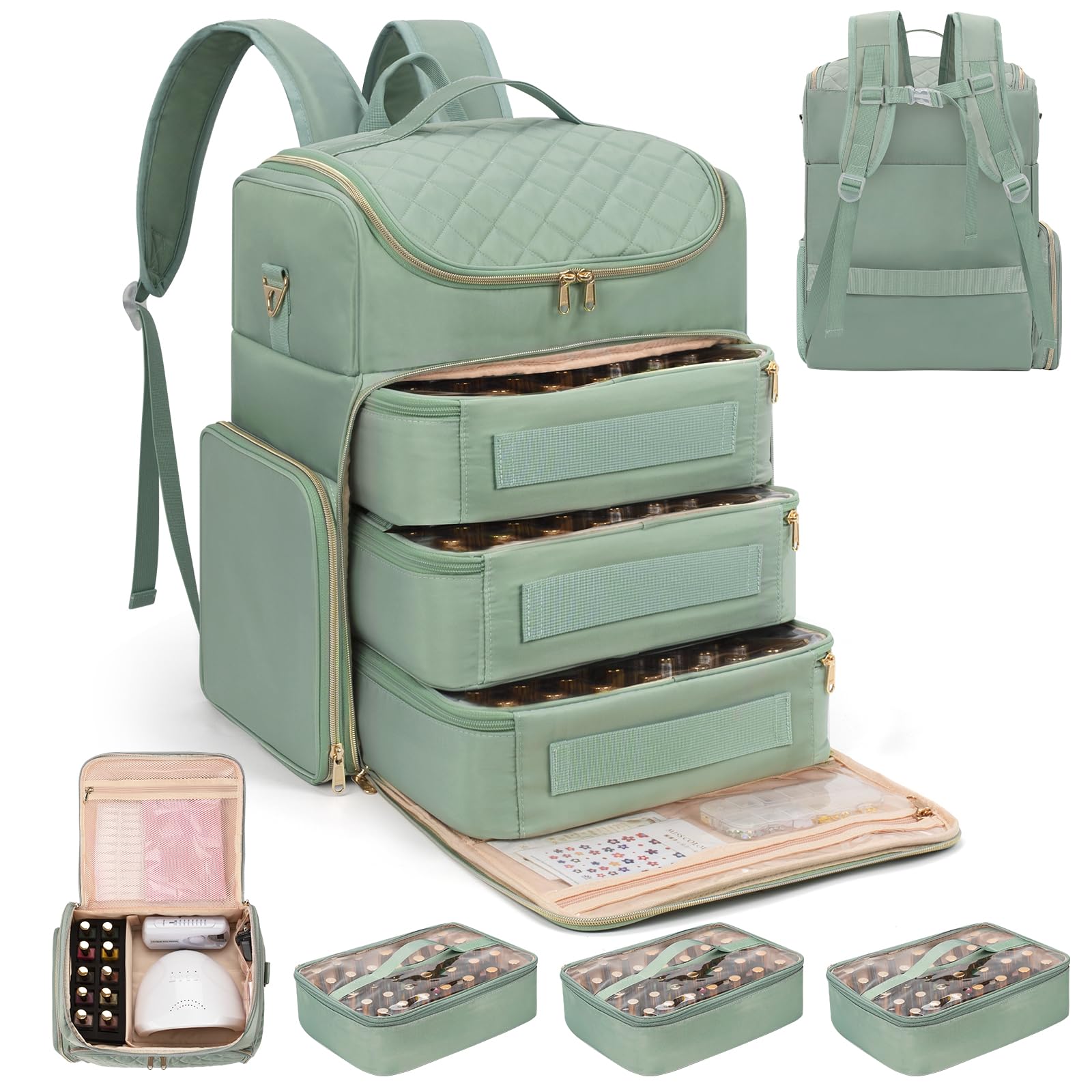 Organizador de esmalte de uñas, mochila de almacenamiento – Estuche para 124 botellas y lámparas, 3 bolsillos extraíbles, caja de almacenamiento de esmalte de uñas, Rhombus Green, Platz für 124
