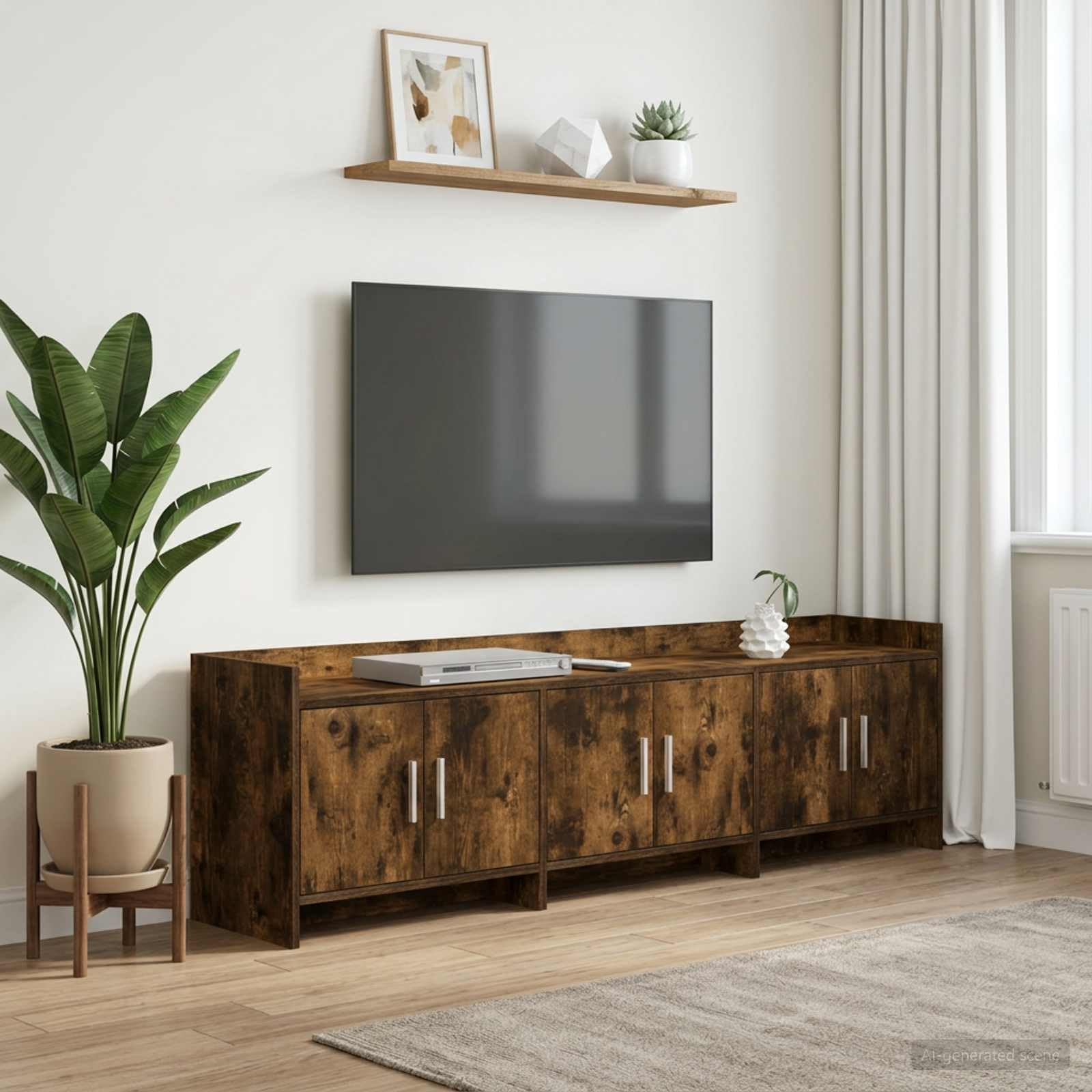 Szafka pod telewizor z materiału drewnopochodnego w kolorze wędzonego dębu, 168 x 33 x 47 cm, niska szafka z 6 drzwiami, miejsce do przechowywania do salonu, kina domowego, gier i