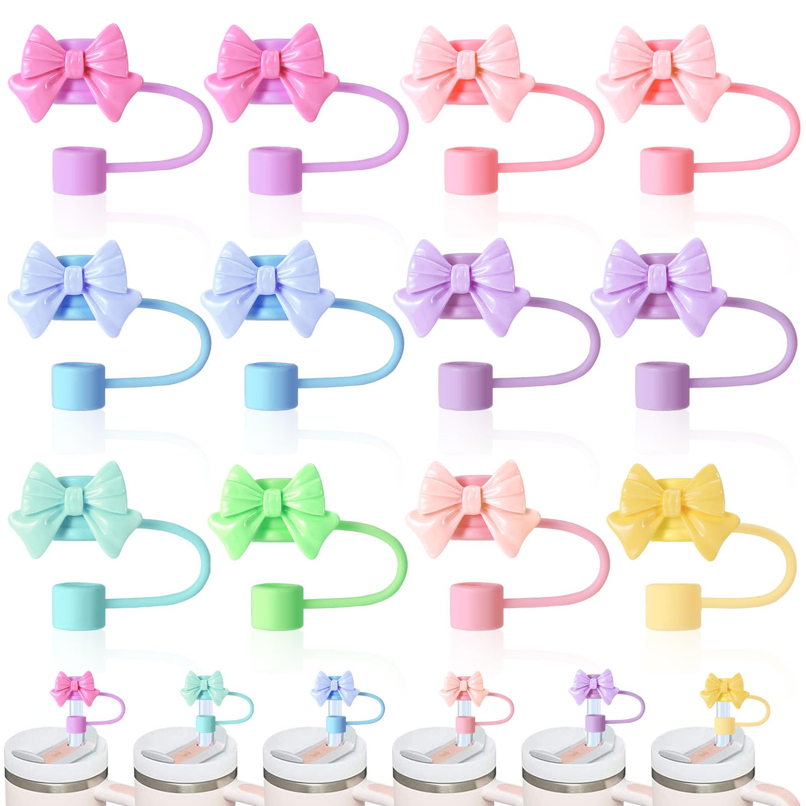 XLSXEXCL 12 Pcs Bow Straw Topper, Cute Silicone Bows for Stanley Cup Straws, 30&40 Oz Tumbler, 10mm