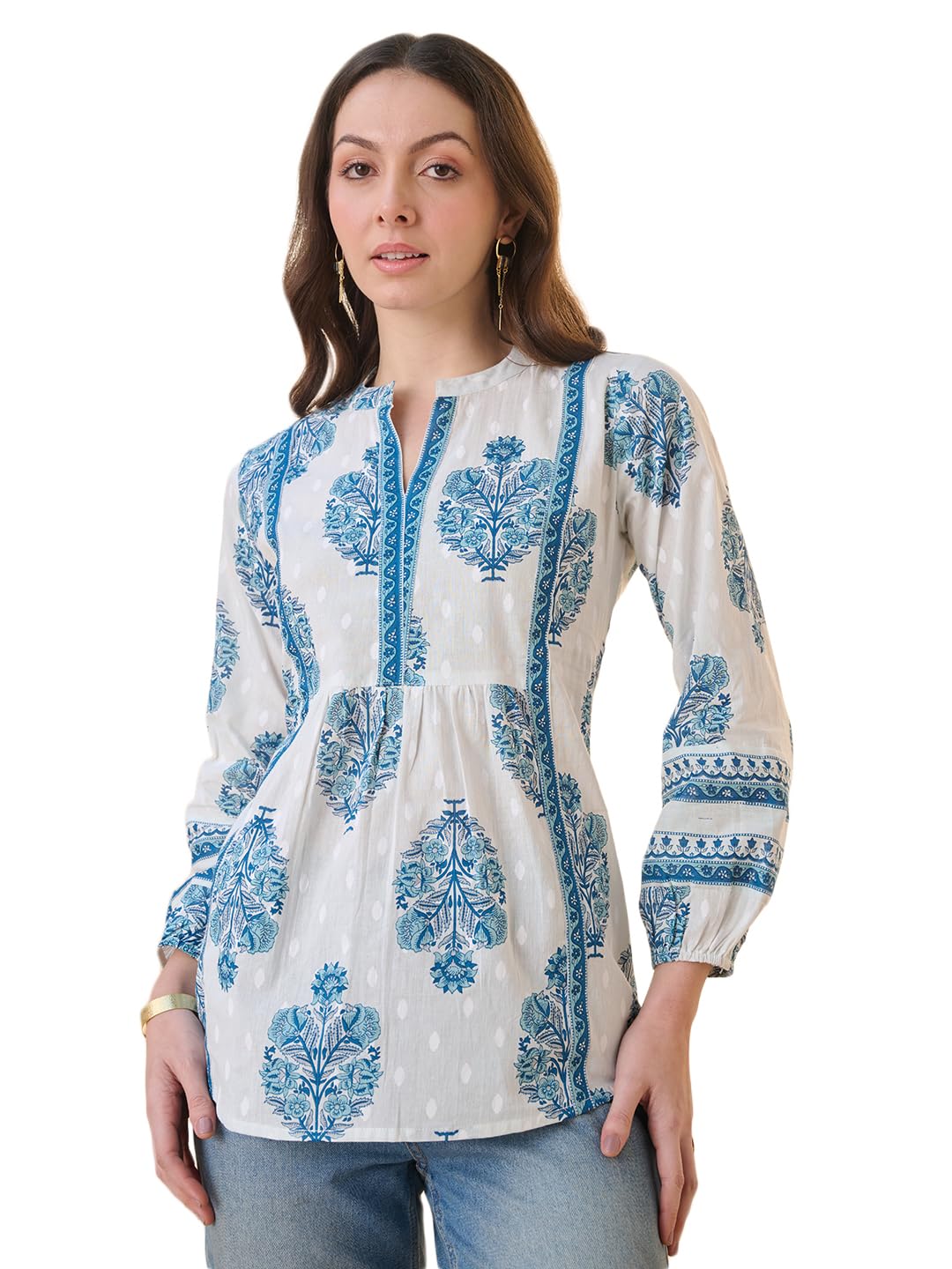 Highlander Women's Blue Ethnic Buta Printed Pure Cotton Top | Cotton Tops for Woman | Summer Tops for Woman in blue