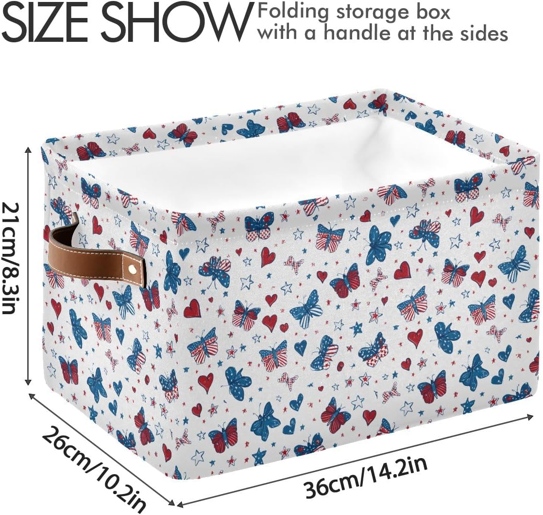 Butterfly Hearts Stars Flag Pattern Storage Basket,Large Storage Bin Fabric Collapsible Organizer Bag with Handles 15x11x9.5 inch