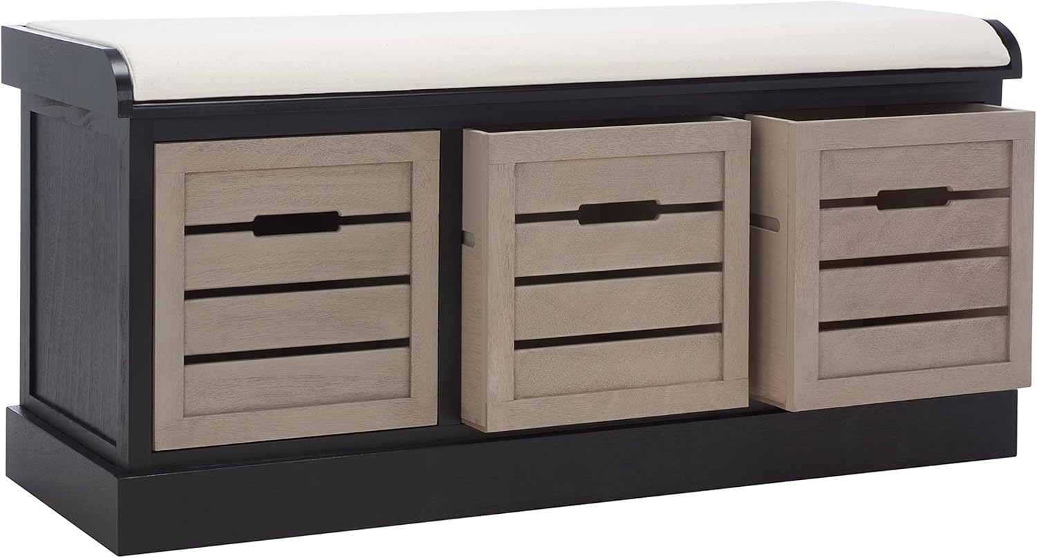 SAFAVIEH Home Collection – Briar 3-Drawer Upholstered Storage Bench, Farmhouse Entryway Accent Bench with Cushion Top, Black Frame & Greige Drawer Fronts (BCH5700E)