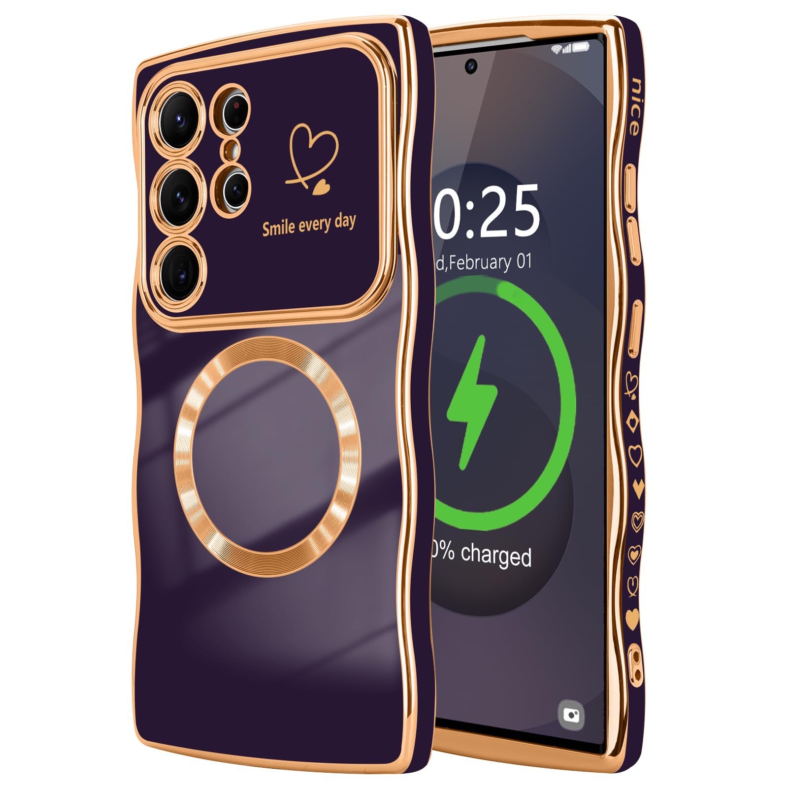 LCHULLE for Samsung Galaxy S25 Ultra Case for Women Girls [Compatible with MagSafe] Cute Curly Wave Shape, Magnetic Love Heart with Camera Lens Cover