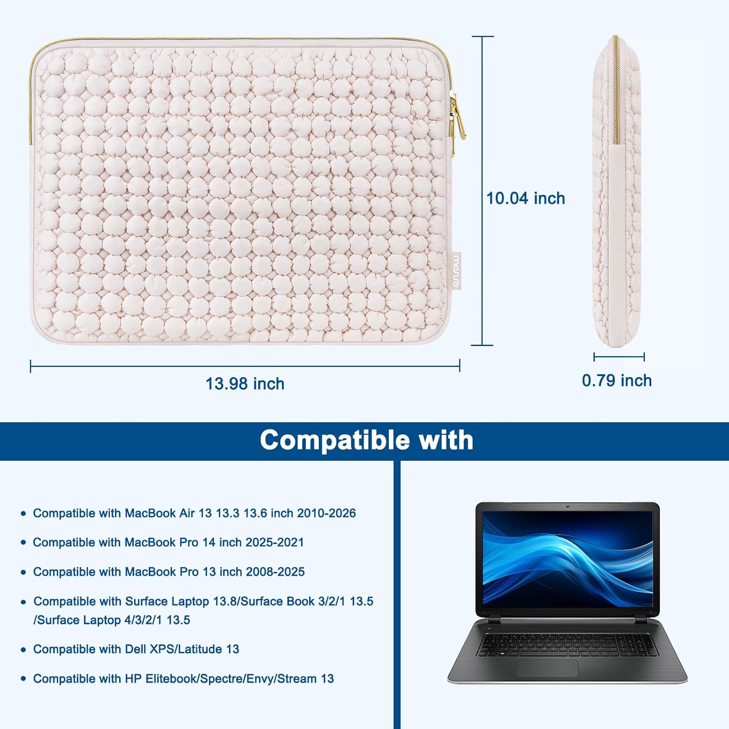 MOSISO 13.3 inch Laptop Case, 13-13.3 inch Puffy Laptop Sleeve Compatible with MacBook Air 13 13.6/Pro 13/Pro 14, HP Dell ASUS Lenovo, Raised Round Quilted Carrying Computer Bag with Small Case, Sand