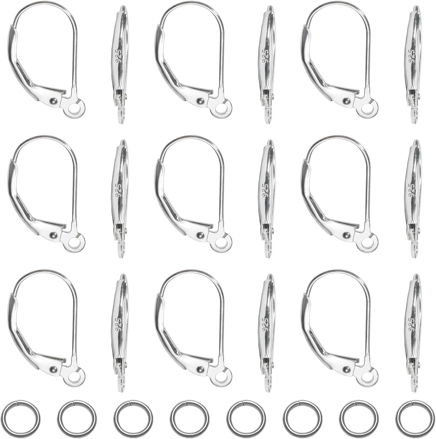 TOAOB 16pcs 925 Sterling Silver Leverback Earring Hooks Hypoallergenic French Earring Hooks Interchangeable Dangle Earwire 16x9mm with Jump Rings for Jewelry Making