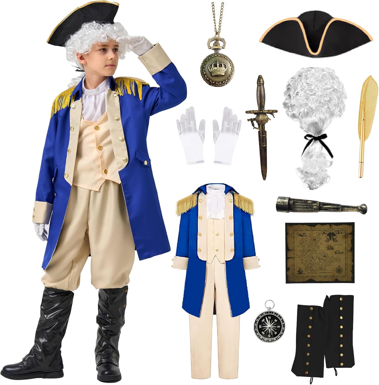 Akokvlar George Washington Costume for Kids Hamilton American Colonial Boys Costume with Wig