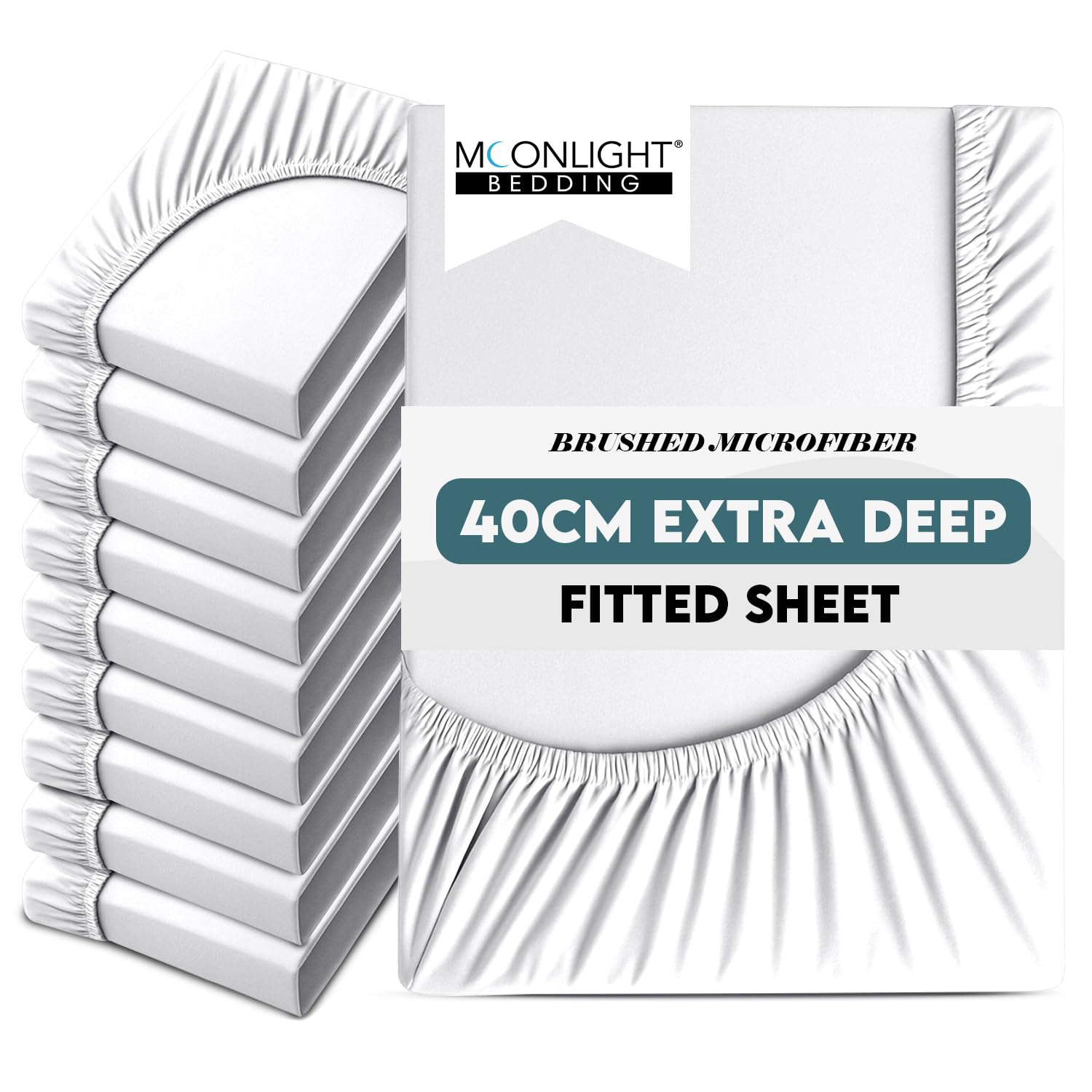 Moonlight Bedding King Size Fitted Sheets 10 Pack 40CM White Bed Sheet with Elastic Corners 16 Inch Extra Deep Pocket Brushed Microfiber Easy Care Breathable Shrinkage Fade-Resistant