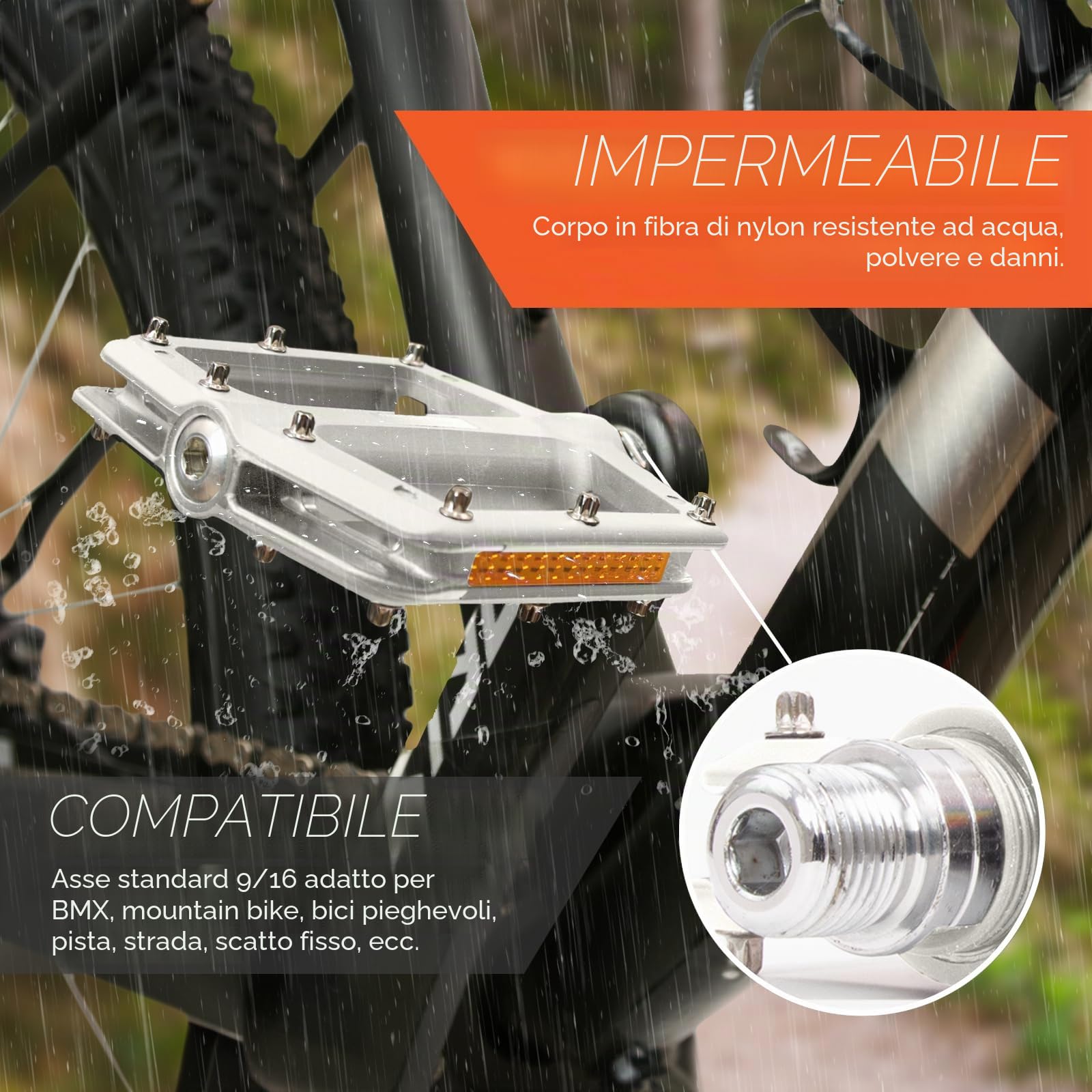 IMPALAPRO - Pedali per Bicicletta con Riflettenti in Fibra di Nylon con Cuscinetto Sigillato 9/16" - Pedale MTB Flat - Pedali BMX - Pedali Flat Gravel - Pedali City Bike con Riflettori