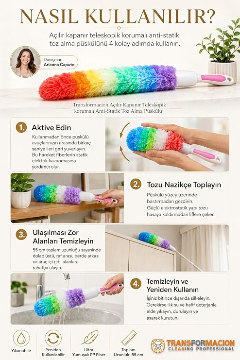 Transformacion Anti-Statik Toz Alma Püskülü | Yıkanabilir Gökkuşağı Mikrofiber Toz Alıcı, Araba, Ev, Ofis İçin Toz Toplayıcı Fırça 422687