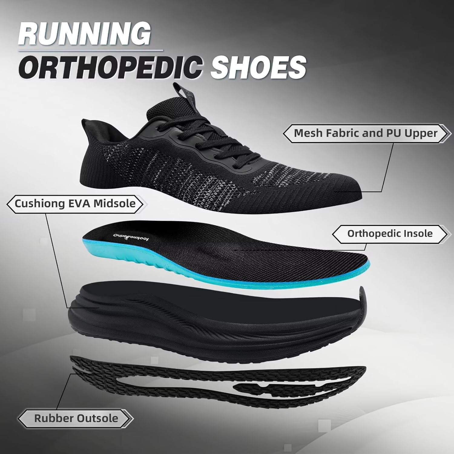 OrthoComfoot Men's Orthopedic Road Running Shoes: Comfortable Casual Arch Supports Plantar Fasciitis Orthotic Athletic Sneakers, Casual Sports Tennis Work Walking Shoes for Foot Heel and Pain Relief