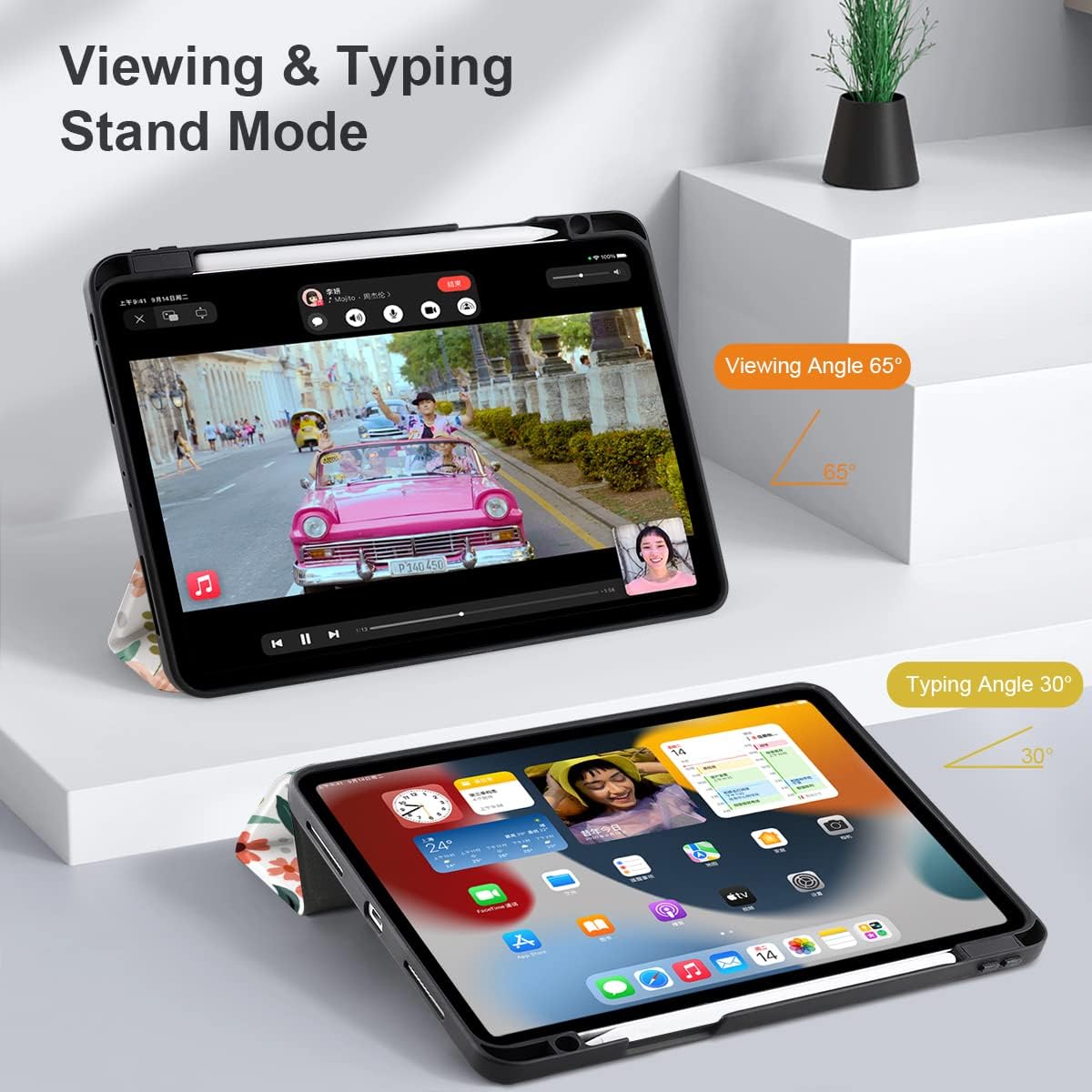 TWOLSKOO Case for iPad Pro 12.9 6th/5th/4th/3rd Generation (2022 2021 2020 2018) - [Built-in Pencil Holder] Trifold Stand & Auto Wake/Sleep, Shockproof Cover with Soft Back Shell - Seamless Flowers