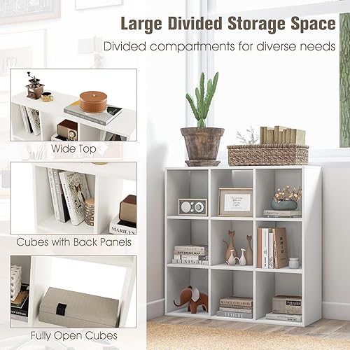 Miniatura 7 de Tangkula Estantería de 9 cubos, estantería abierta de madera, kits dobles antivuelcos, estante de almacenamiento moderno independiente para sala de