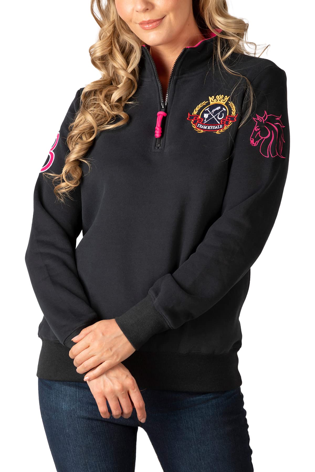 Rydale Women's Emblem Black/Bonbon Overhead Sweatshirt Sweatshirts Jumper Pull On Sweater Quarter Zip Top (As8, Numeric, Numeric_14, Regular, Regular, )
