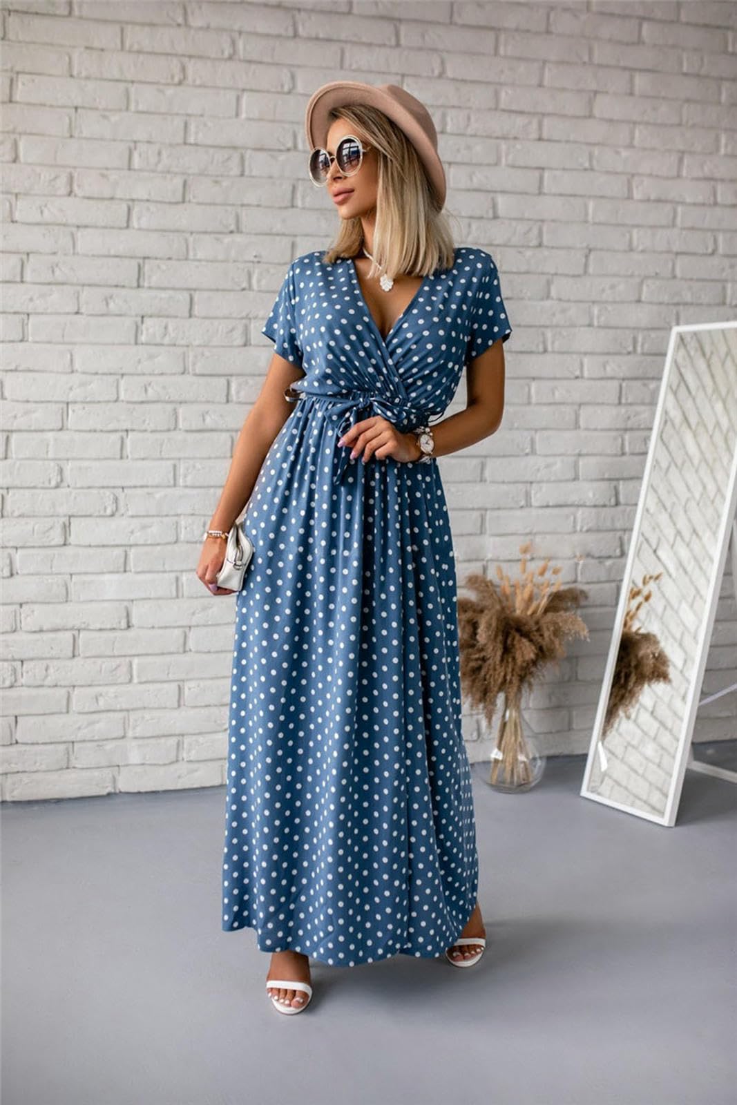 Letnie sukienki dla kobiet, damska sukienka z dekoltem w serek, krótki rękaw, nadruk w kropki, sukienka z rozcięciem, styl boho