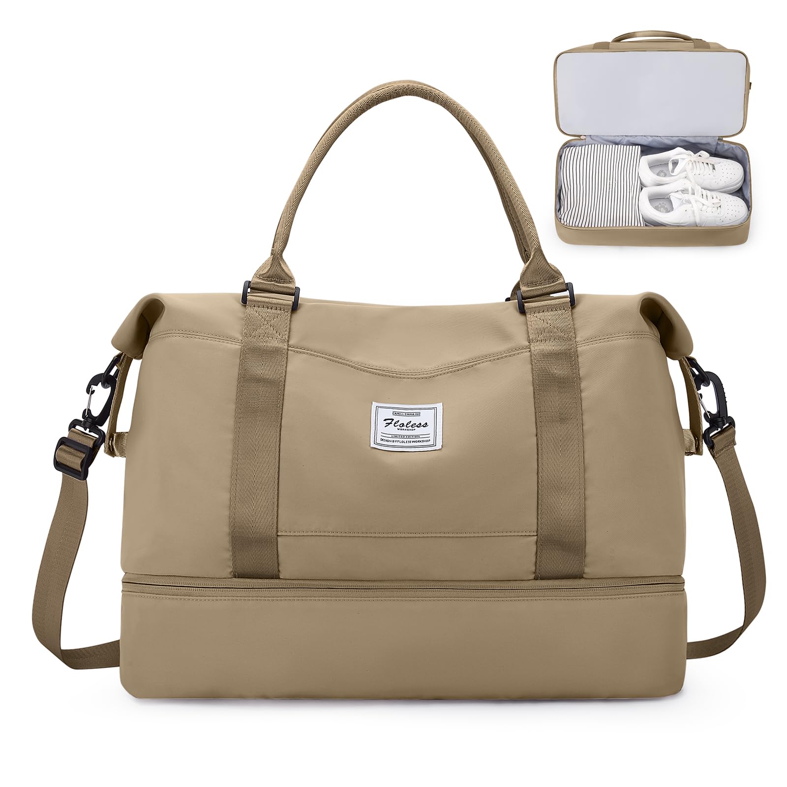 Borsone da Viaggio Donna, 45x36x20 Easyjet Bagaglio a Mano Borsa da Viaggio con Scomparto per le Scarpe, Borsa Sportiva Borsone da Palestra Grande, Borsa da Weekend,Borsa per Ospedale,E11-Cachi