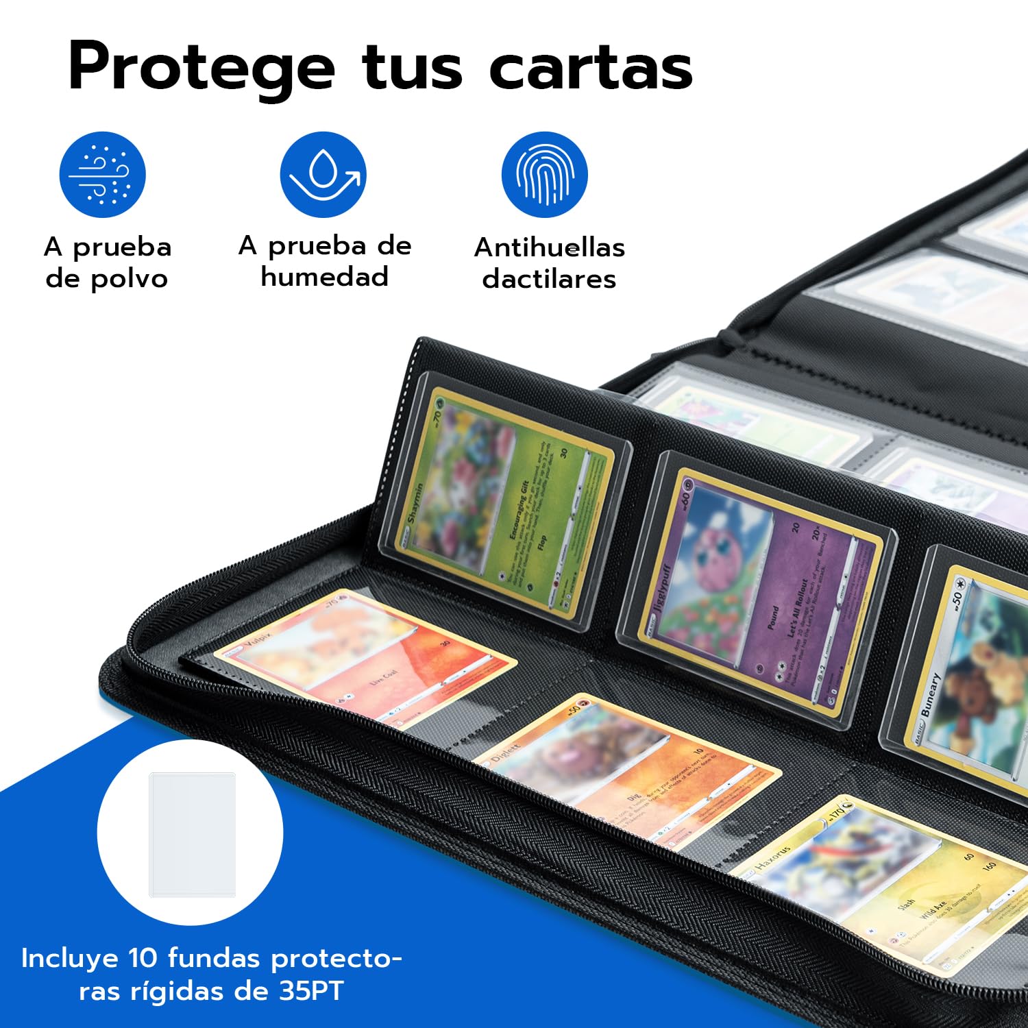 Álbum Toploader Cartas Coleccionables 216 Compartimentos - Carpeta Binder TCG MTG con 10 Fundas 35PT - Archivador Card Portfolio Cremallera Impermeable Azul