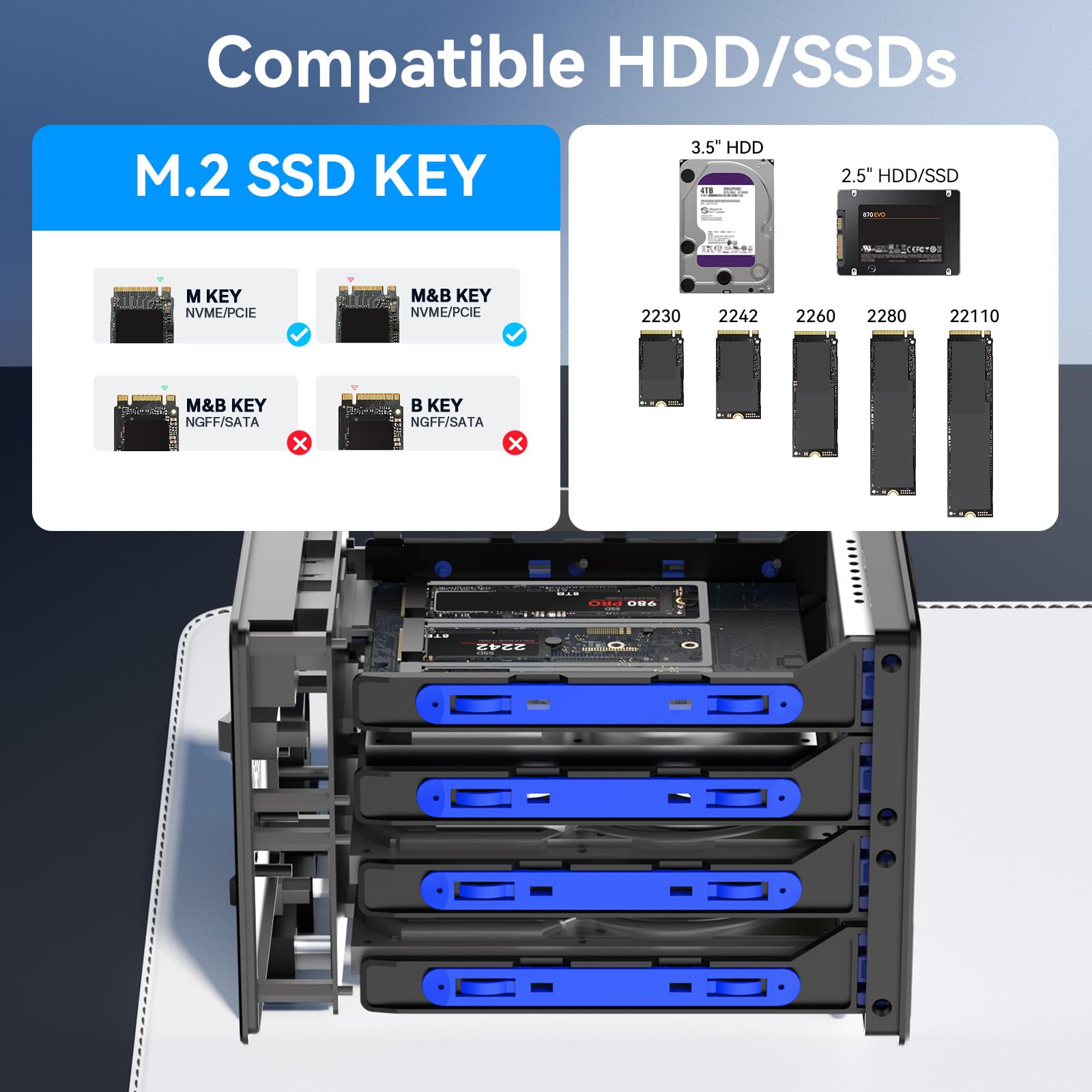CENMATE Alloggiamento per disco rigido ibrido 3*3.5 HDD+3*M.2 NVMe con ventola per 2.5/3.5" SATA HDD/SSD e M Key/B+M Key 2230/42/60/80/110 M.2 SSD, cavo USB A/C 3.2