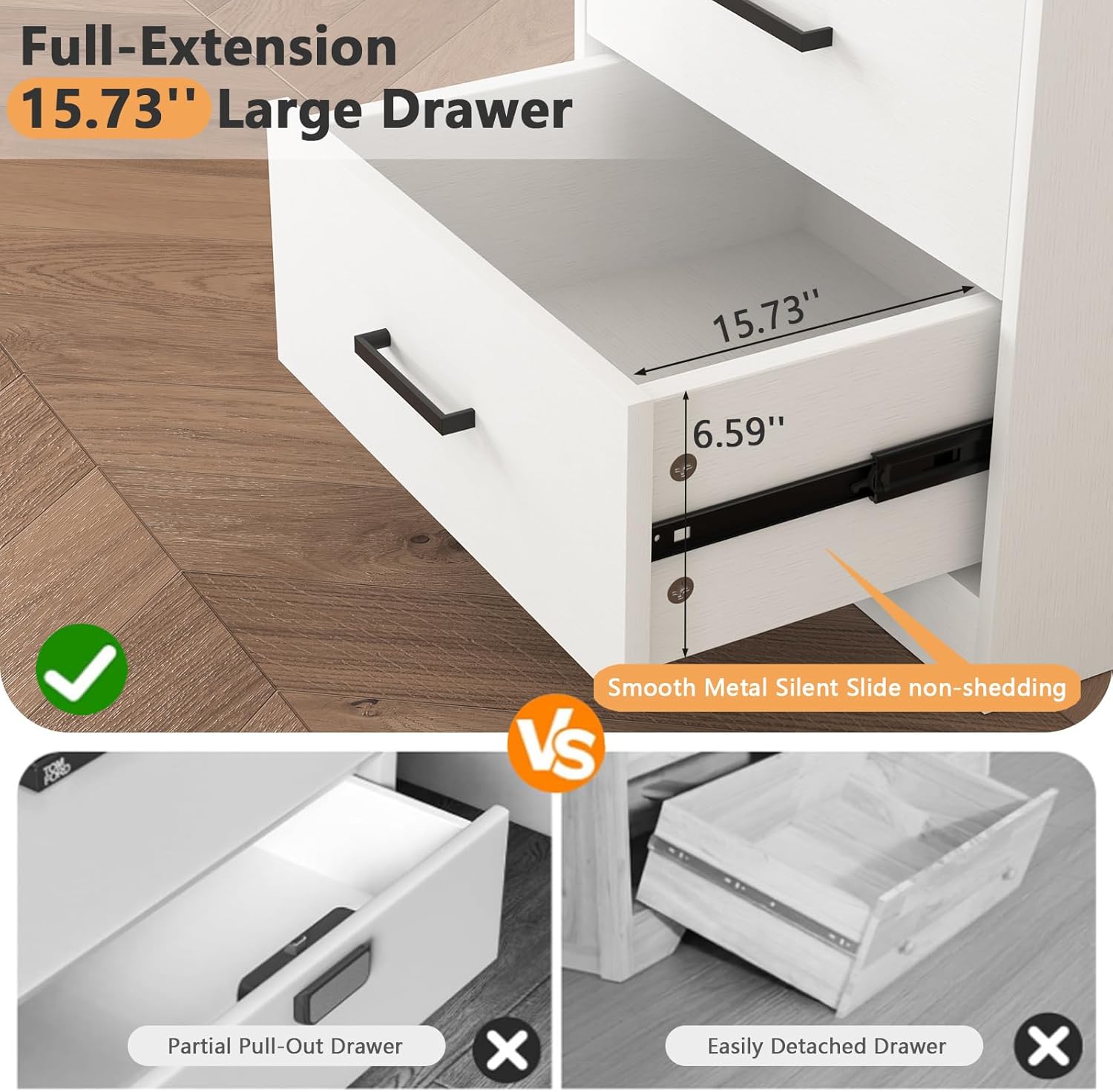 Night Stand with Charger Station, Modern Nightstand with USB Type-C Ports and AC Outlets, Large Bedside Table with 2 Drawers and Open Storage, Wooden End Table for Bedroom (White, 2 Drawers)