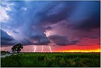 Vista 1 de Storm Photography Print (Not Framed) Picture of Multiple Lightning Strikes at Sunset on Stormy Summer Evening in Oklahoma Weather Wall Art Nature