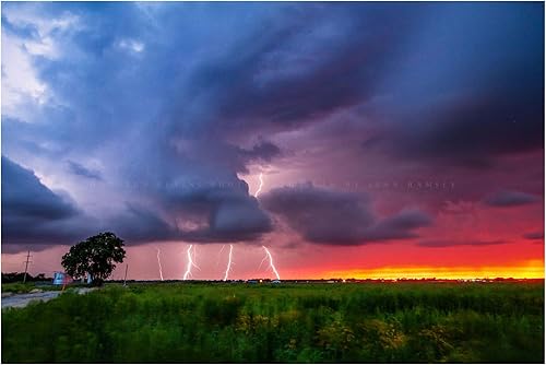 Storm Photography Print (Not Framed) Picture of Multiple Lightning Strikes at Sunset on Stormy Summer Evening in Oklahoma Weather Wall Art Nature