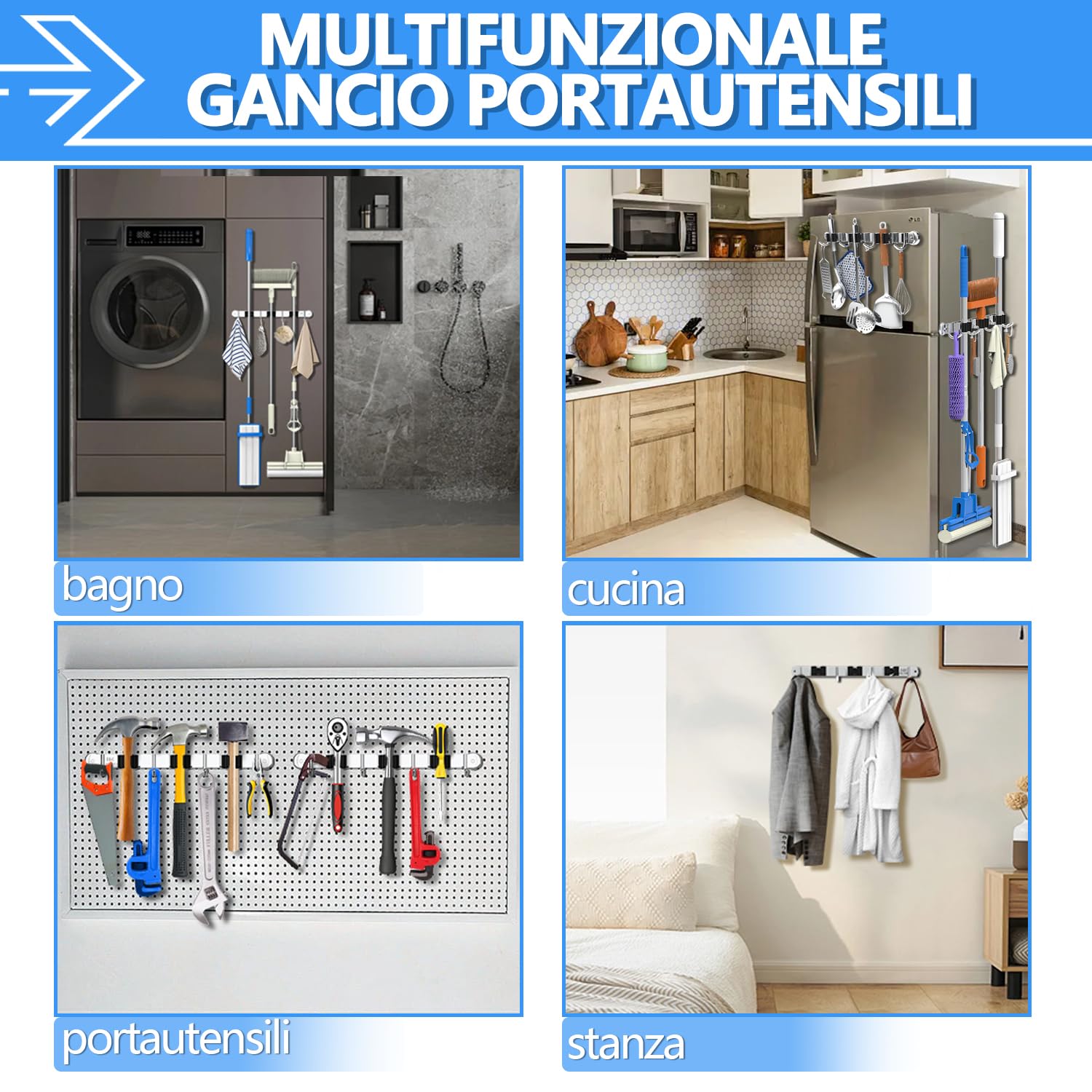 3-H Portascope da Muro Magnetico 36cm, Porta Attrezzi da Parete SUS304 Acciaio Inox 20KG Carico Porta Scope Parete senza Foratura per Ristorante, Cucina, Bagno, Garage con Viti