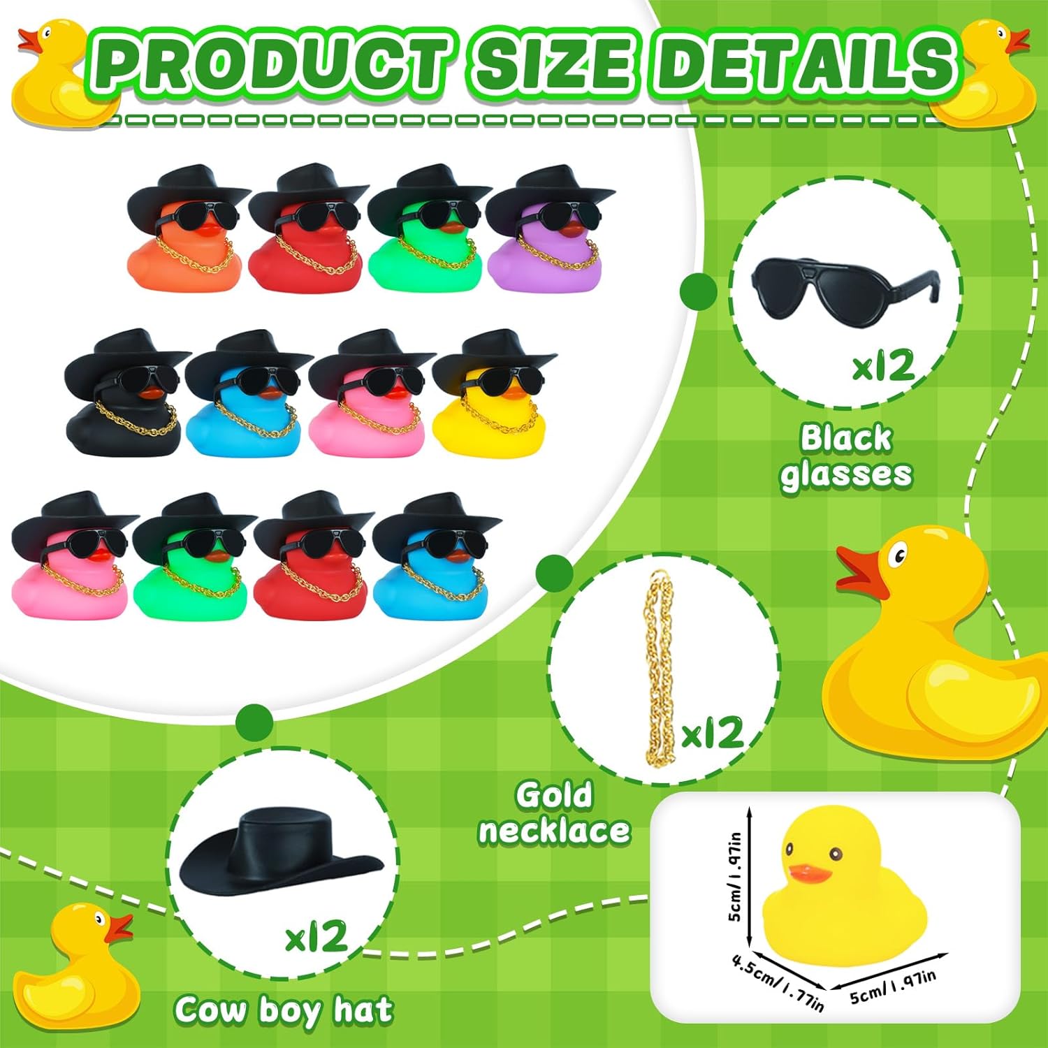 12PCS Cowboy Ducks with Hat & Sunglasses - Colorful Rubber Duck Car Decor for Dashboard, Funny Car Accessories with Golden Necklace, Squeeze Squeaky Stress Relief Decoration for Adults