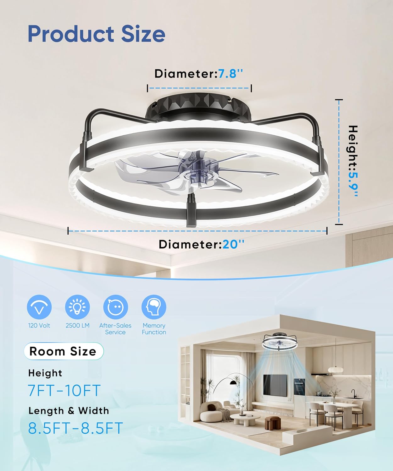 Ceiling Fan with Lights, 20'' Low Profile Ceiling Fans, 3000-6500K Dimmable Fandelier LED Fan Light, Black Modern Flush Mount Ceiling Fan, 6 Speeds Reversible DC Motor Noiseless for Bedroom, Kids Room