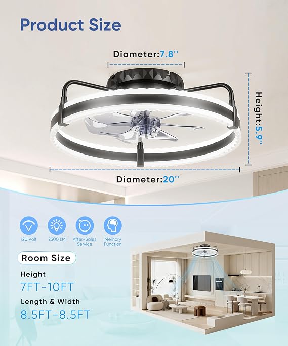 Ceiling Fan with Lights, 20'' Low Profile Ceiling Fans, 3000-6500K Dimmable