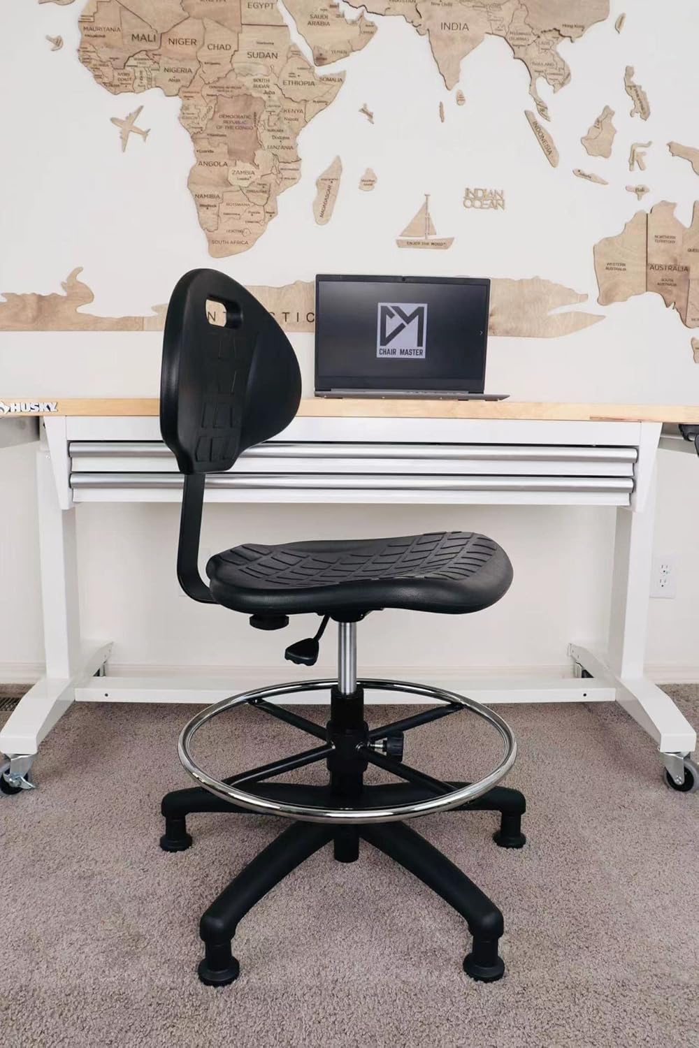 Chair Master Drafting Stool - Easy to Clean! Ergonomic Polyurethane Chair. Seat Height (18"-26") Adjustable w/Heavy Duty Footring for Home, Automotive, Lab, Cleanroom (Glides, Medium Stool)