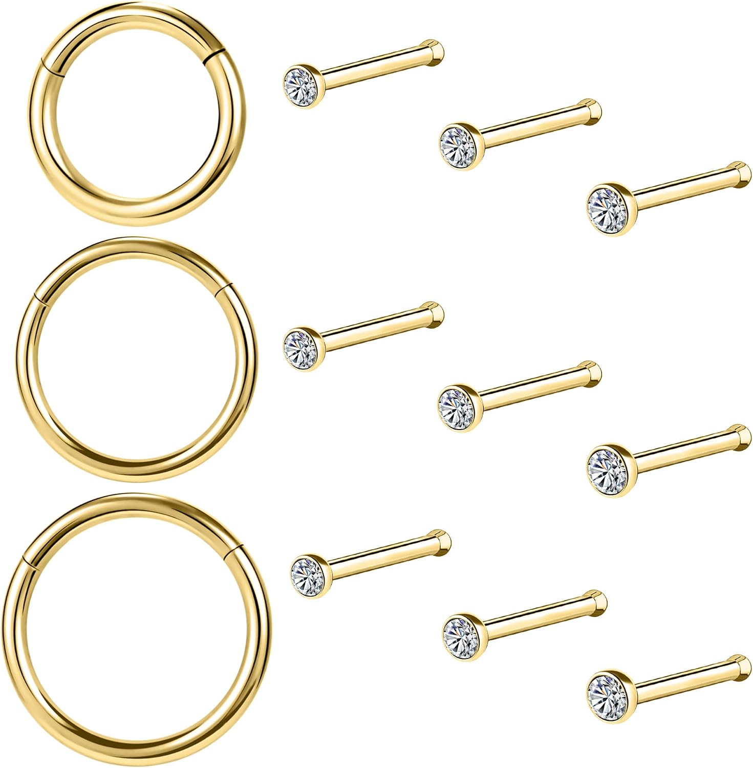10-12Pcs 18G 20G Nose Rings Studs Hinged Hoop Nose Ring for Women Men Corkscrew Bone L Shaped Nose Studs Hypoallergenic 316L Surgical Steel Nose Piercings Jewelry Small Silver Gold